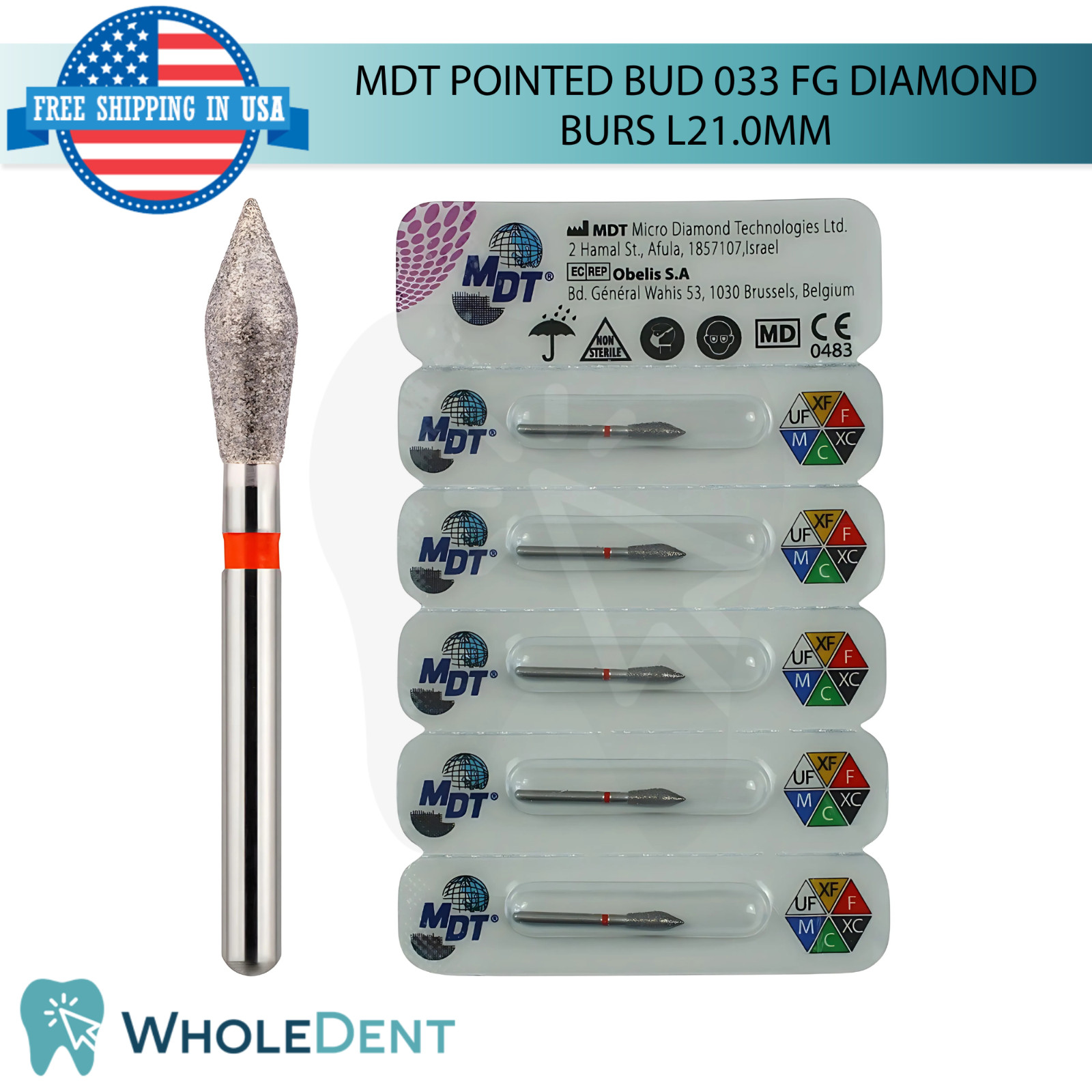 Dental MDT Pointed Bud 033 FG Diamond Burs L21.0mm Handpiece Ø0.27mmX7.0mm
