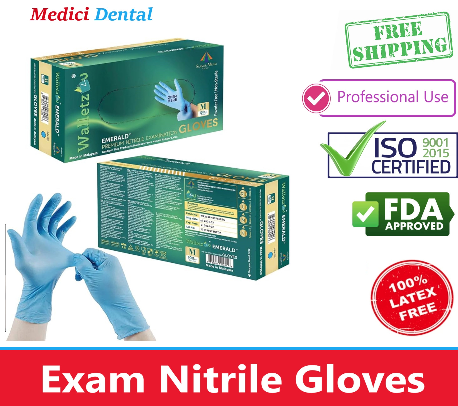 Dental Emerald Nitrile Exam Gloves Blue, FDA Approved, 3ml Thick, 200-1000/Bx US