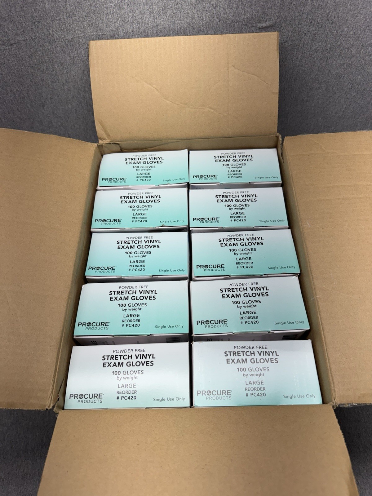 PROCURE Powder Free Vinyl Exam Gloves 1000 Ct. Total (10 Boxes ~ 100 Pcs) Large
