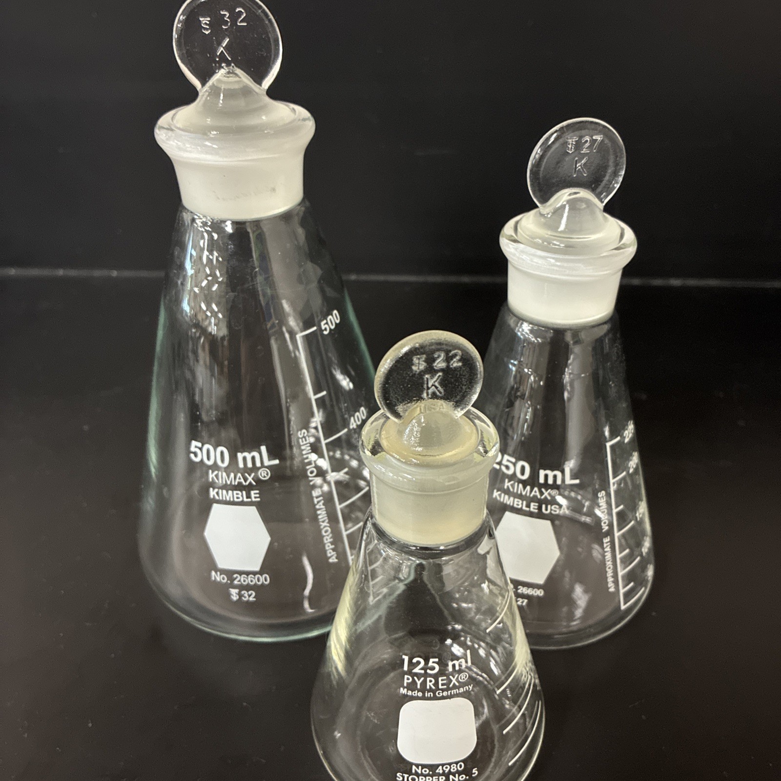 Set of 3: Erlenmeyer Flasks with Ground Glass Stoppers (125, 250, and 500 mL)