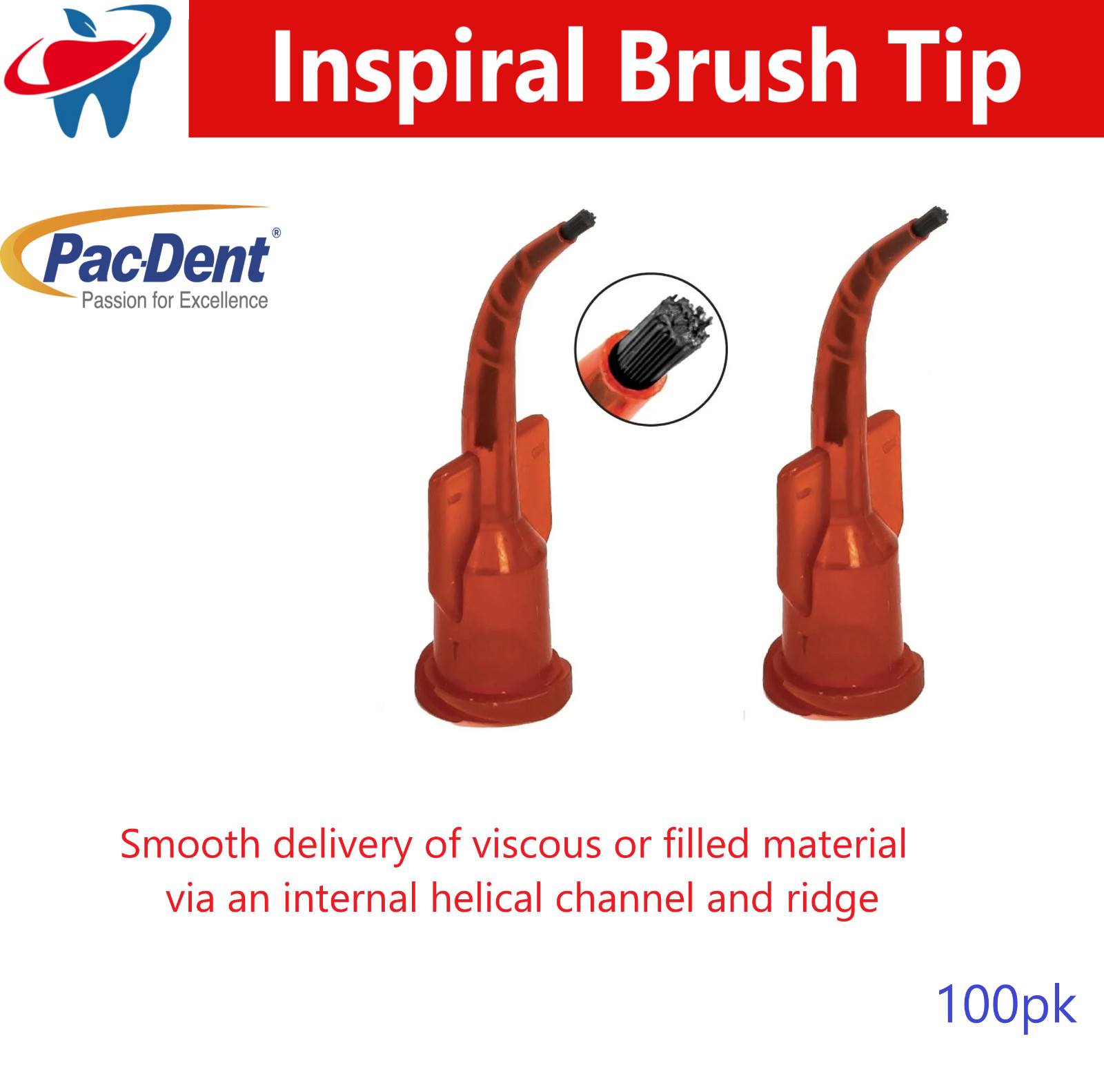 Dental Inspiral Brush Tip Curved cannula tip w/ Soft brush tip, Lock hub, 100/Pk
