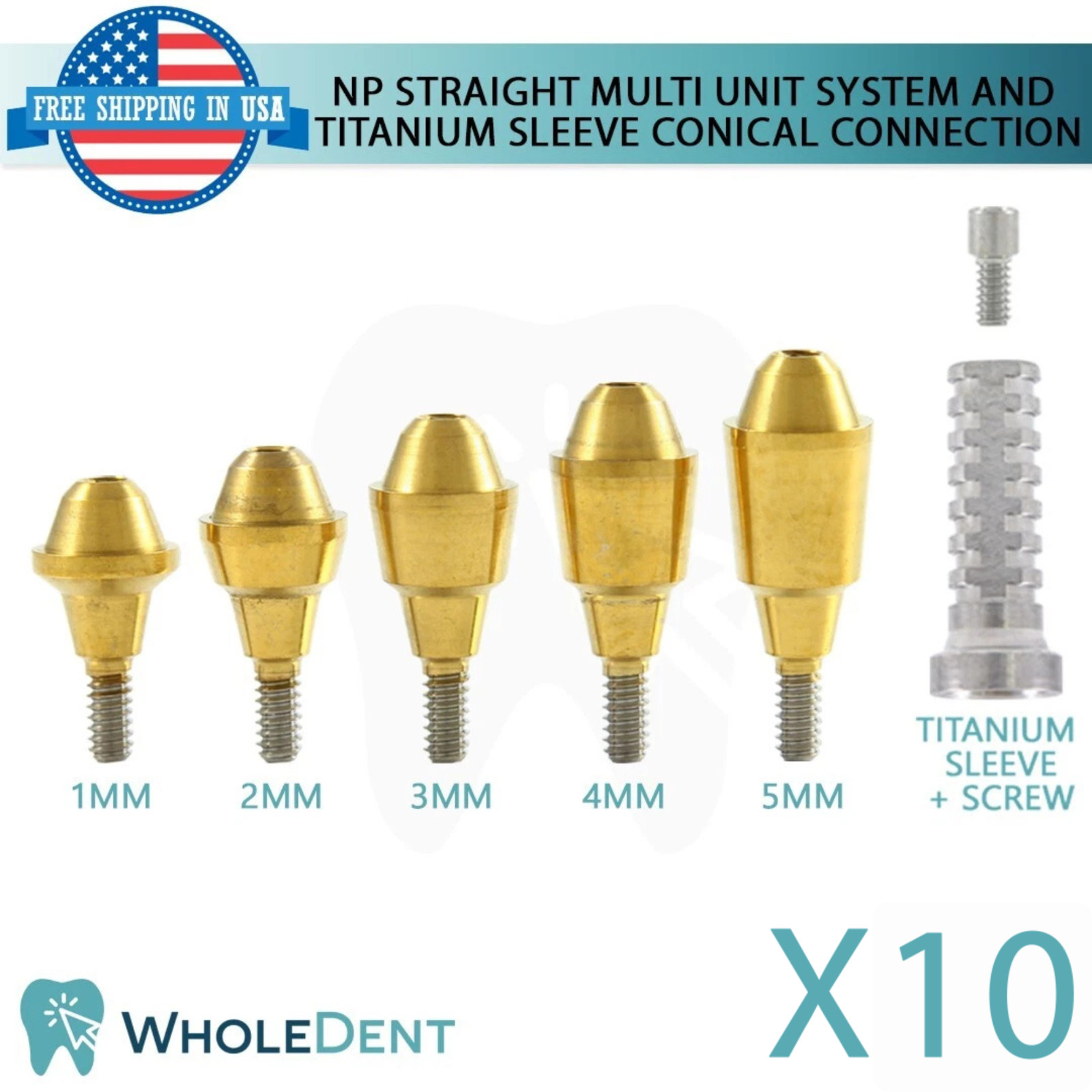 10x Dental Straight Multi Unit 1.6 Prosthetic Titanium Sleeve Conical Hex 2.25mm