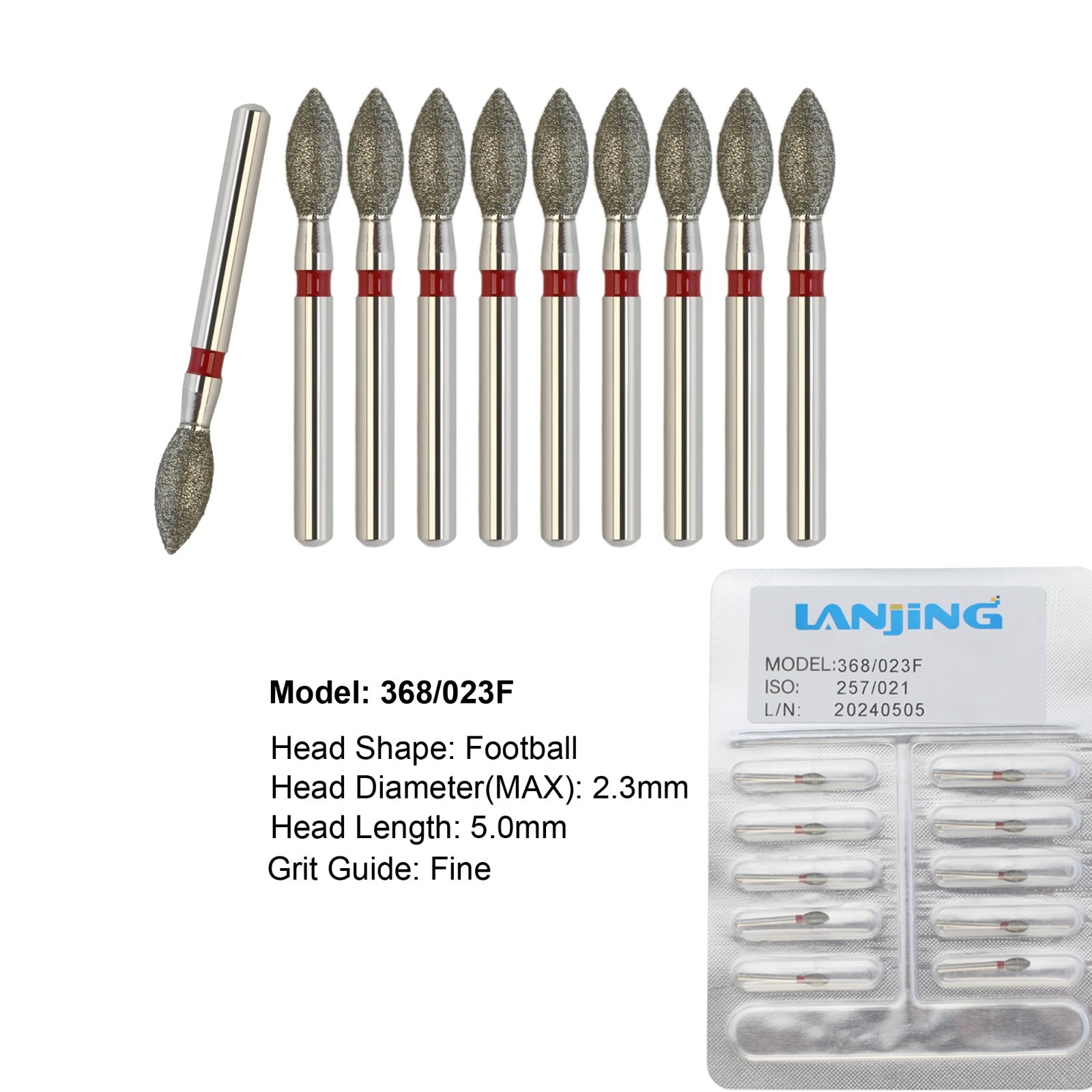 Dental Diamond Burs Football Egg 368/023C Coarse Grit Fine Friction Grip 19mm