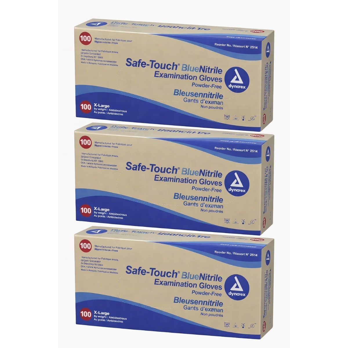 *3 Boxes* Dynarex Safe Touch Blue Nitrile Exam Gloves Powder Free X-Large 100/bx