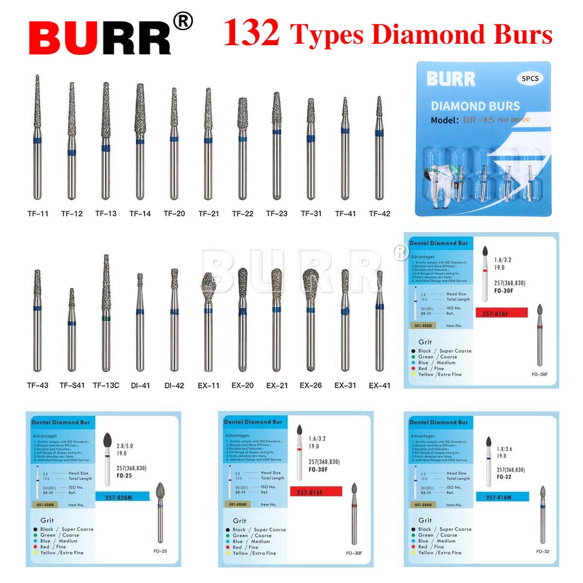 0.99 USD Dental FG Diamond Burs for High Speed Handpiece Friction Grip 5pcs/pack