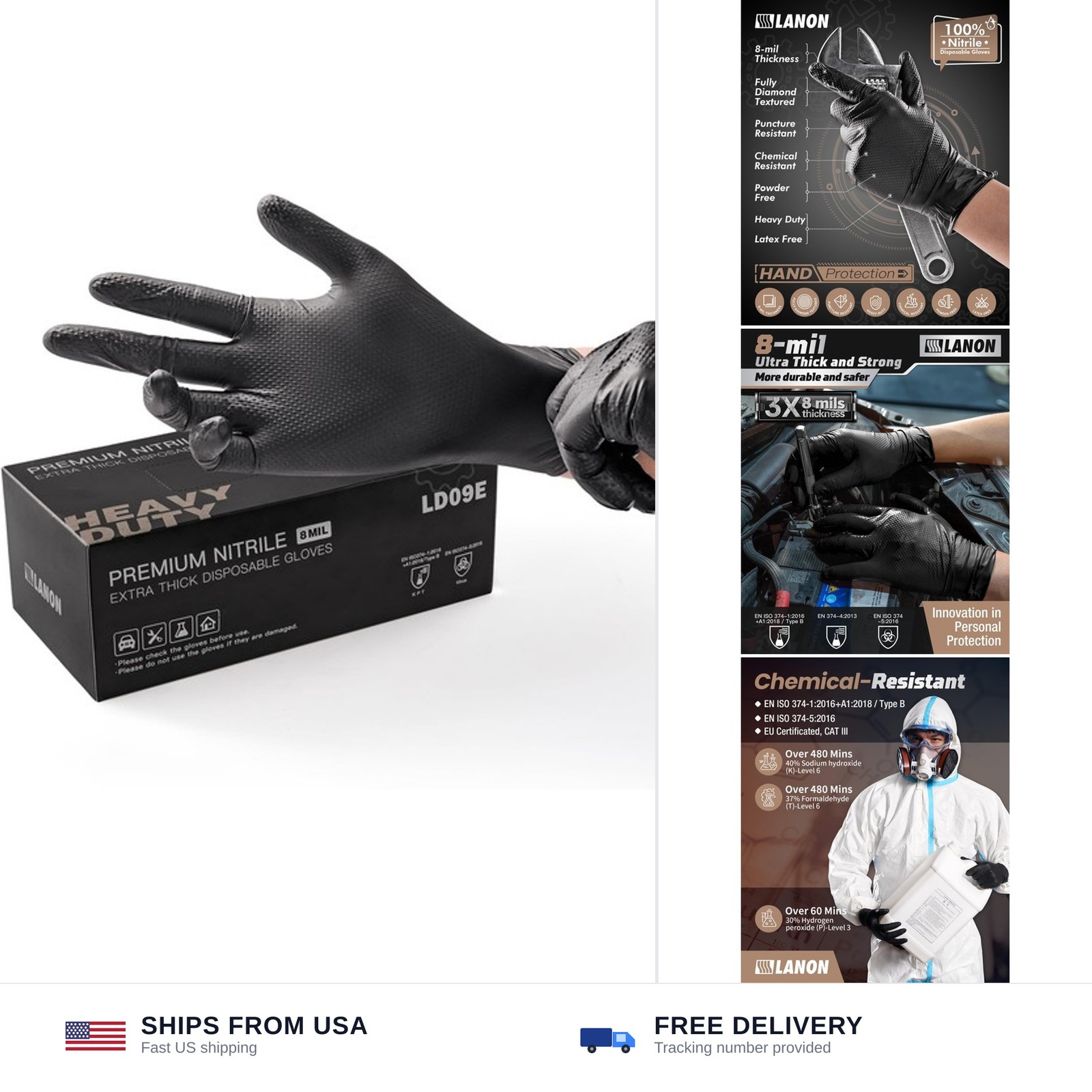 LANON Black Nitrile Disposable Gloves, EN ISO 374 Chemical Resistant, Heavy-D…