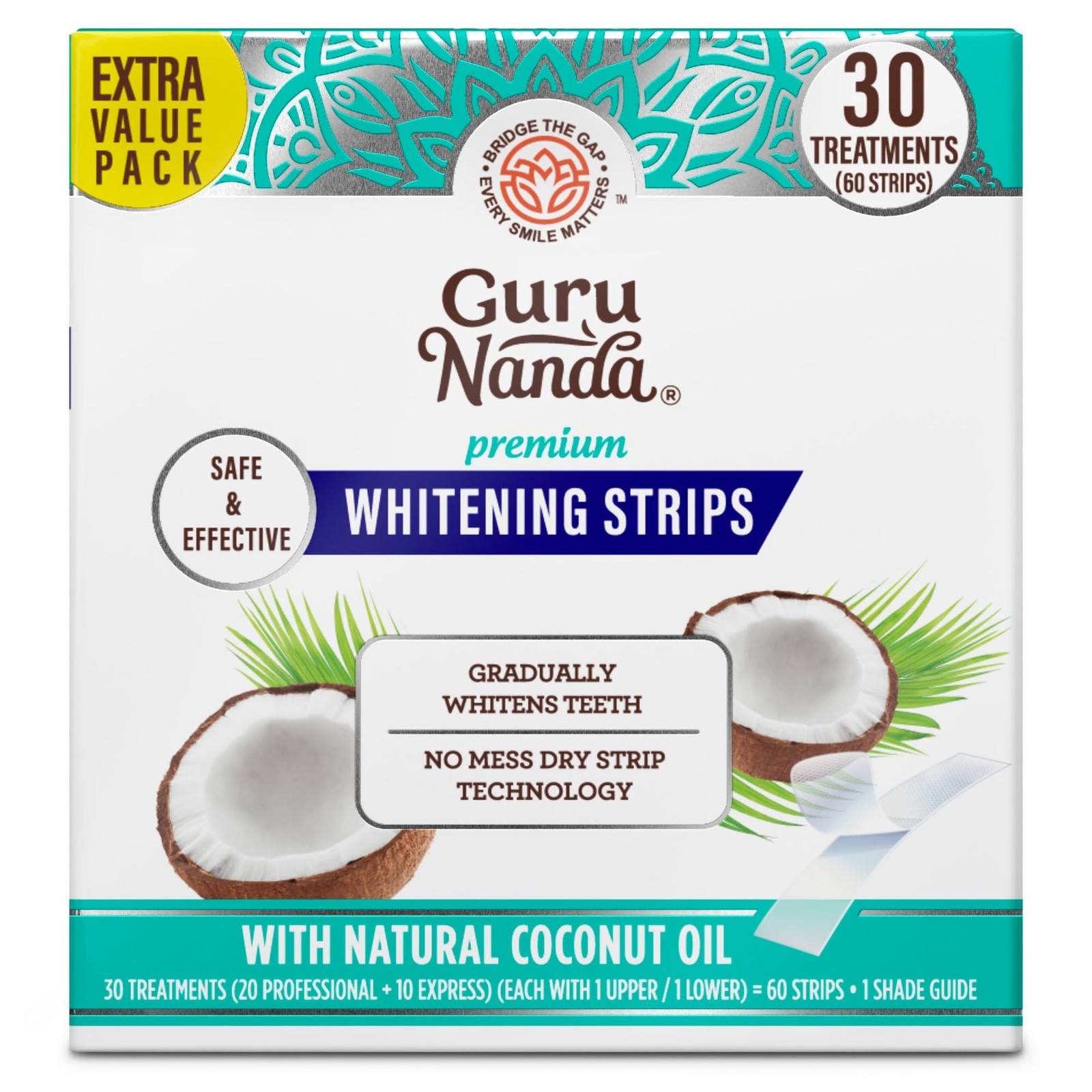GuruNanda Teeth Whitening Strips Kit – 30-Day 60 Count (Pack of 1), Clear