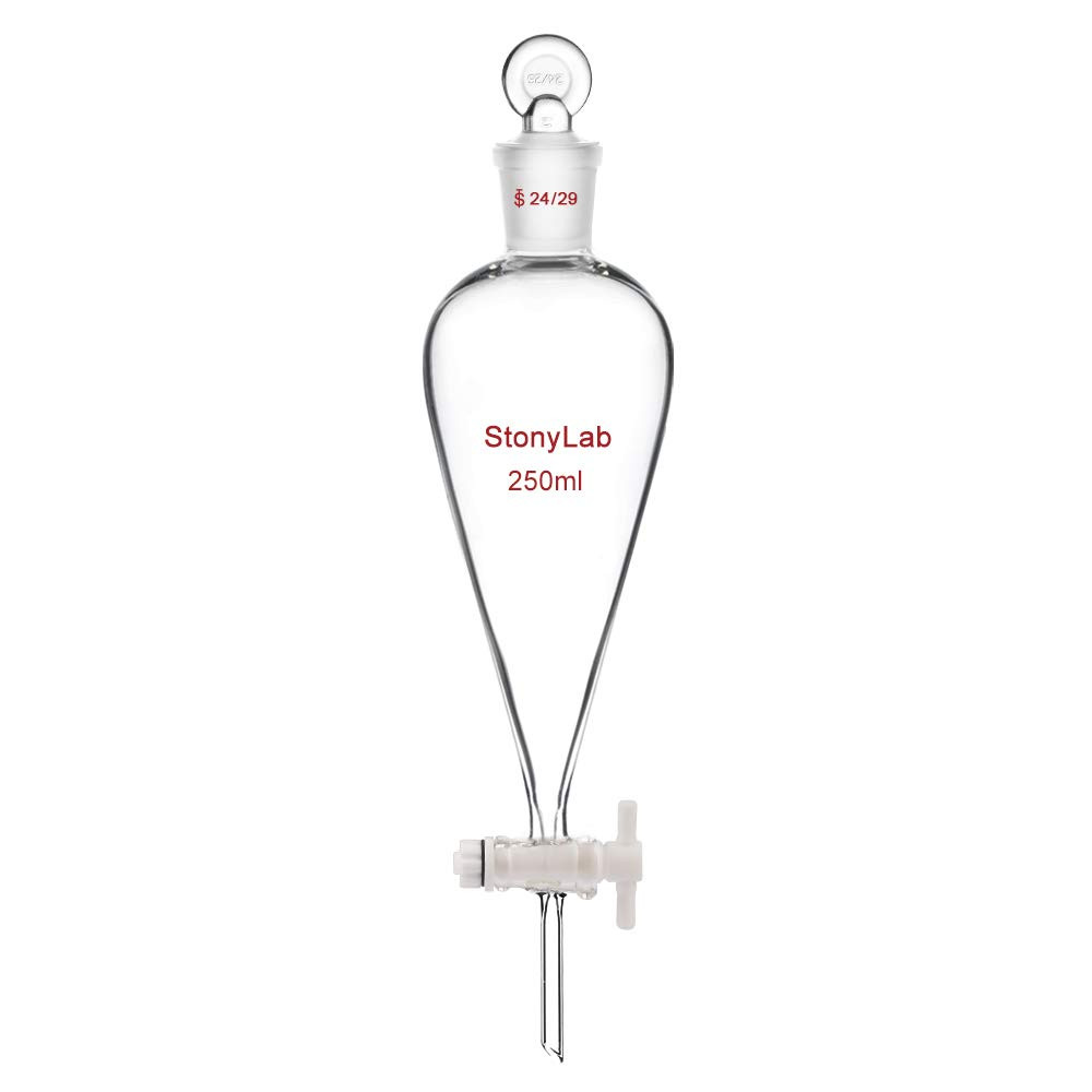 PTFE Stopcock Separatory Funnel 250Ml, Borosilicate Glass Heavy Wall Conical Pea