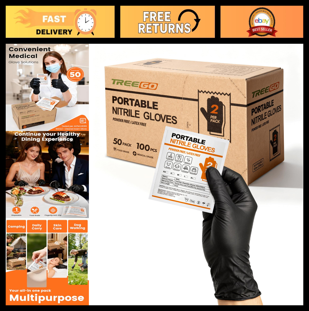 Large Black Nitrile Gloves 5mil – 100 Count, Latex-Free, Powder-Free, Disposable