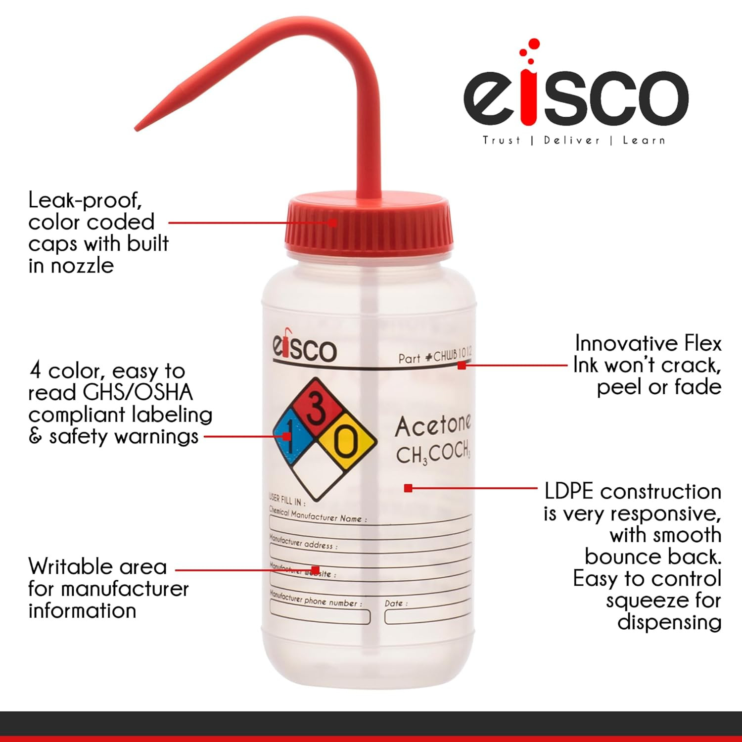 EISCO – 1 Pack Wash Bottle for Acetone, 500Ml – Labeled with Color Coded Chemica