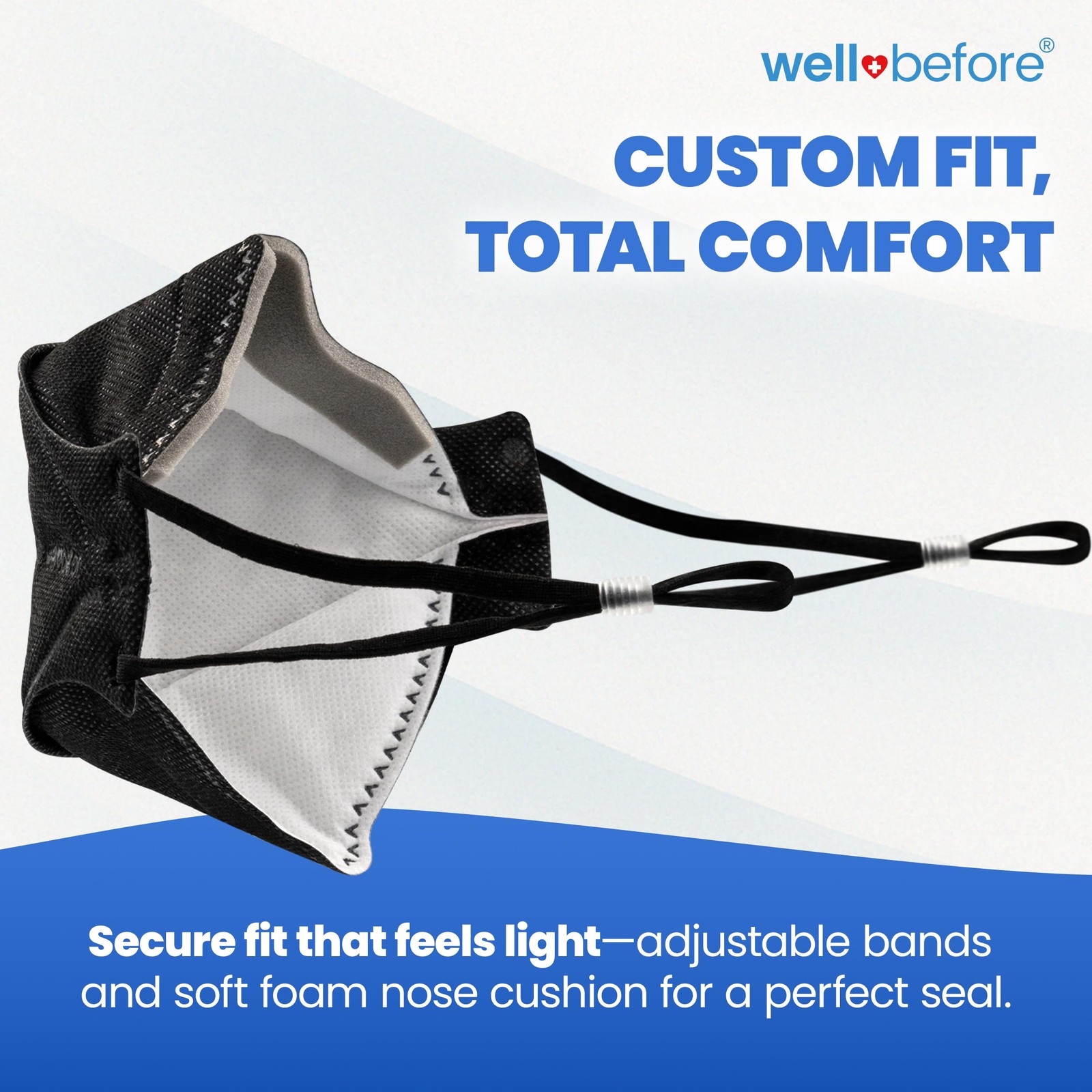 Well Before Premium 3D PRO KN95 Mask – Adjustable Ear Loops, Medium Size, Black