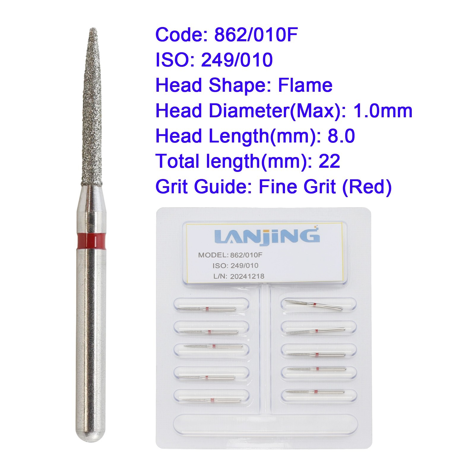 Dental Flame Diamond Burs 862/010F Fine Grit FG Burr High Speed Turbine Drills