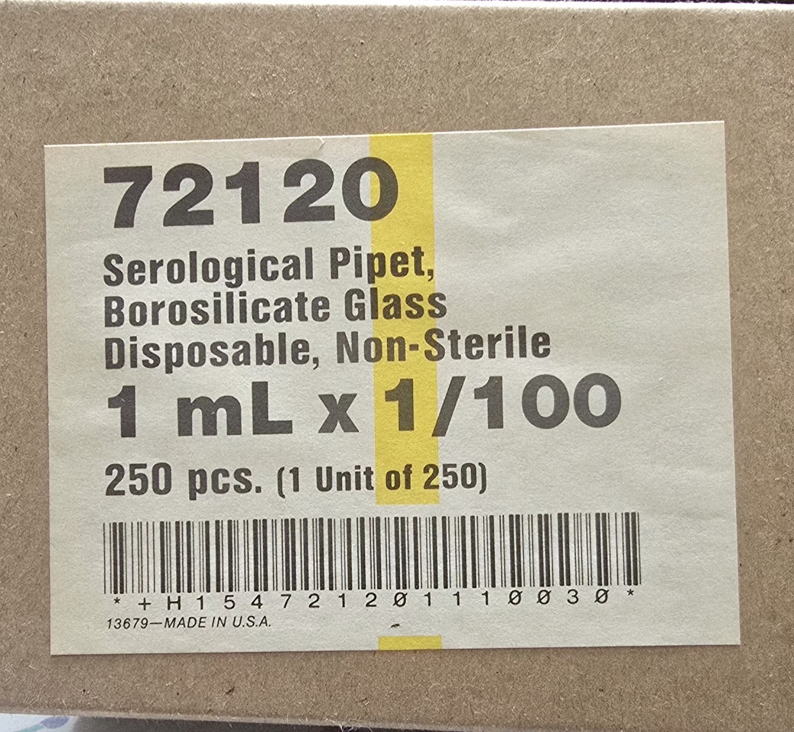 250 SEROLOGICAL GLASS PIPETS 1 ML X 1/100 72120 DISPOSABLE