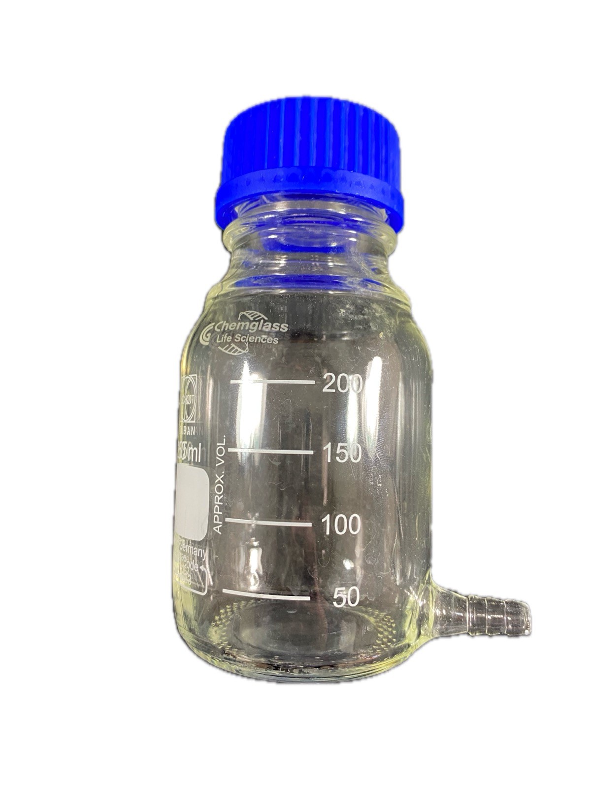 CHEMGLASS DURAN 250mL Transfer Bottle 1/4″ Hose Barb GL-45 Cap CLS-1423-250 A