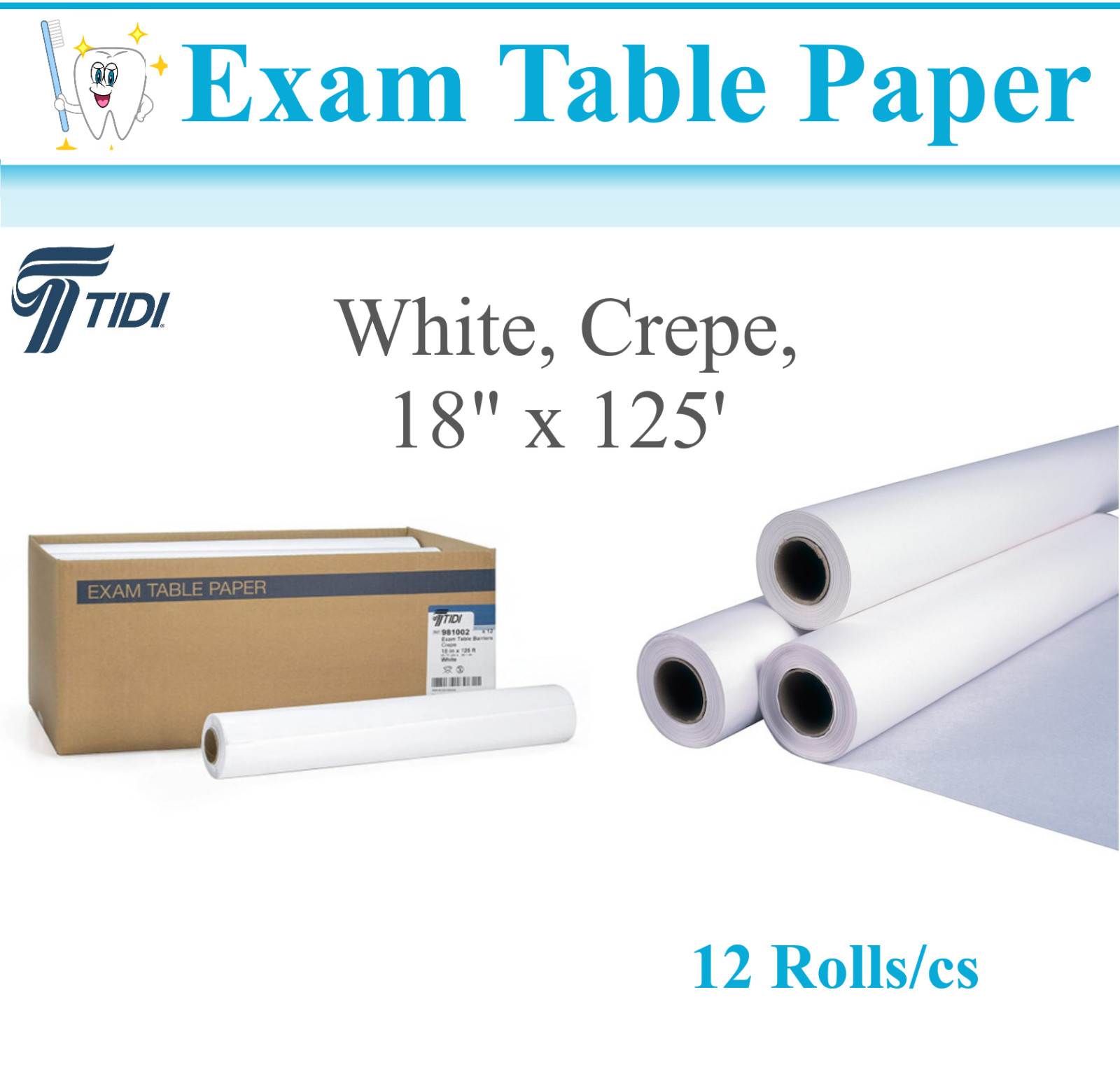 TIDI Novaplus Barrier Exam Table Papers, White, Crepe Paper, 18″ x 125′, 12/cs