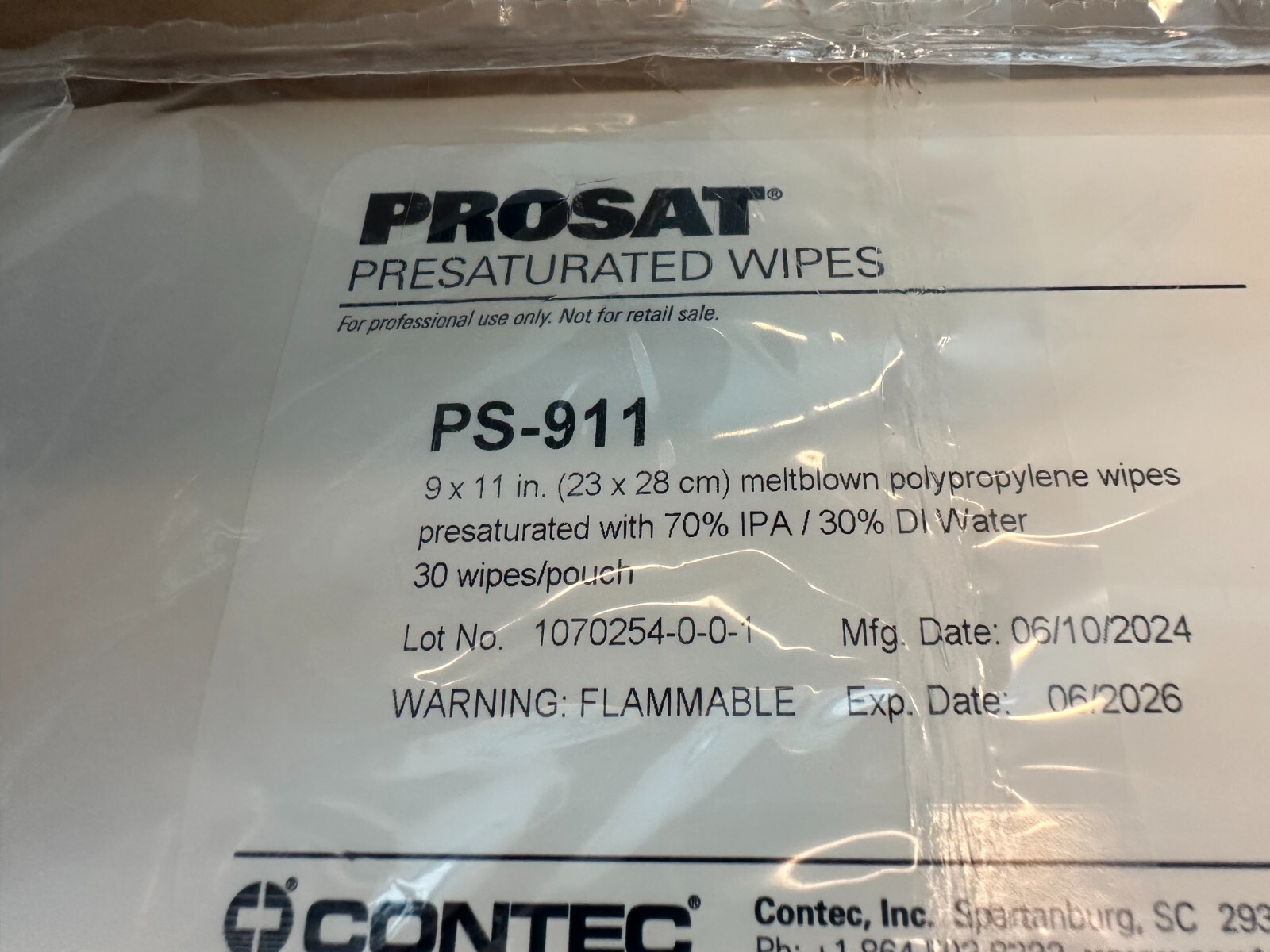 Contec Inc. PROSAT Pre saturated Wipes PS-911 9×11″ 70%IPA/30%DI WATER 10 packs