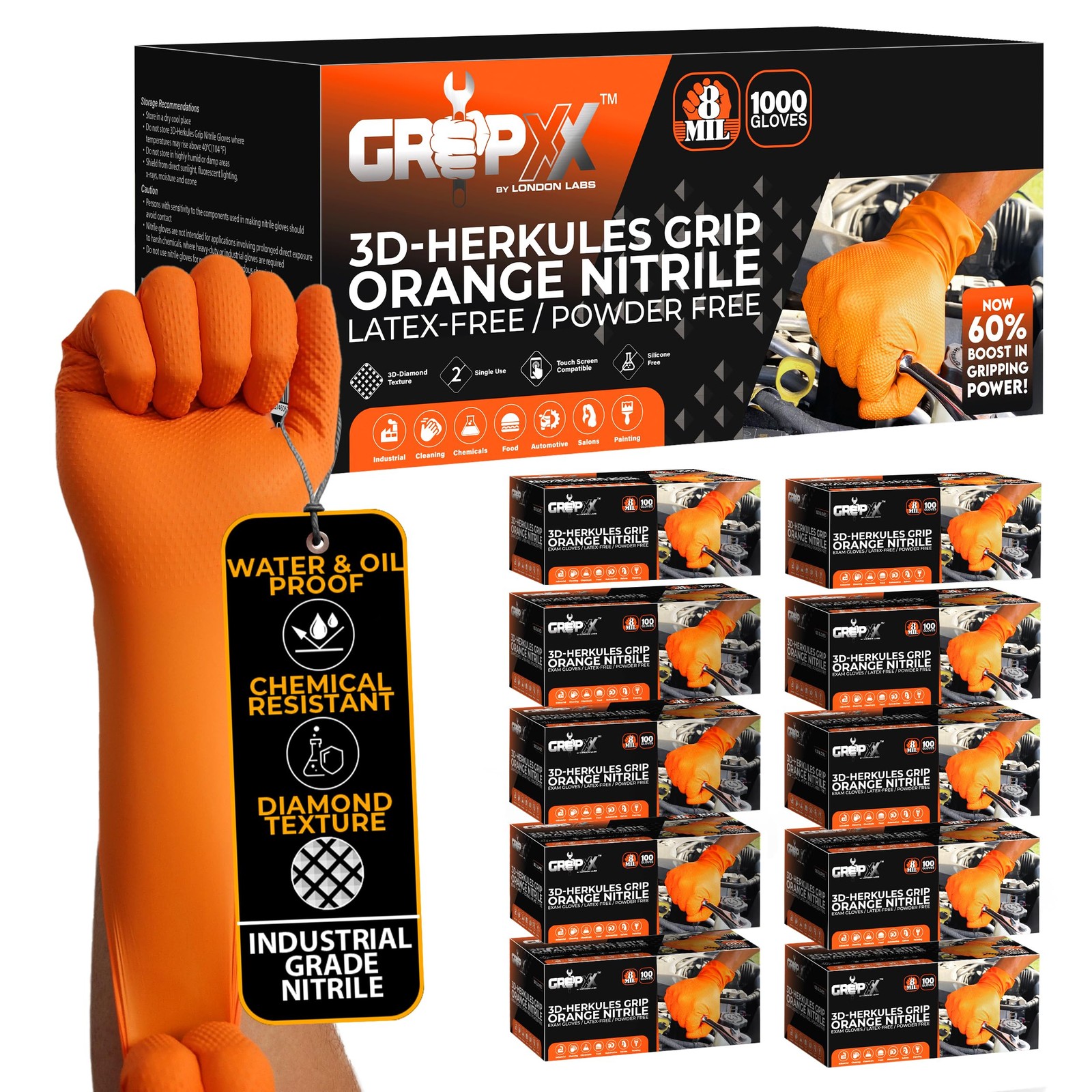 Herkules Grip Heavy Duty 8Mil Orange Nitrile Gloves,3D Raised Diamond Texture…