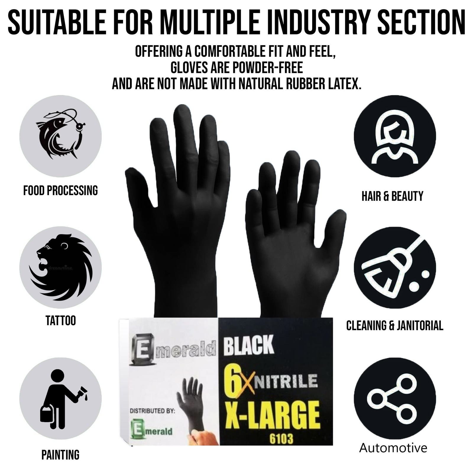 Emerald 6103, 10 Boxes, Black Nitrile Gloves, XL, Latex & Powder Free, Superior.