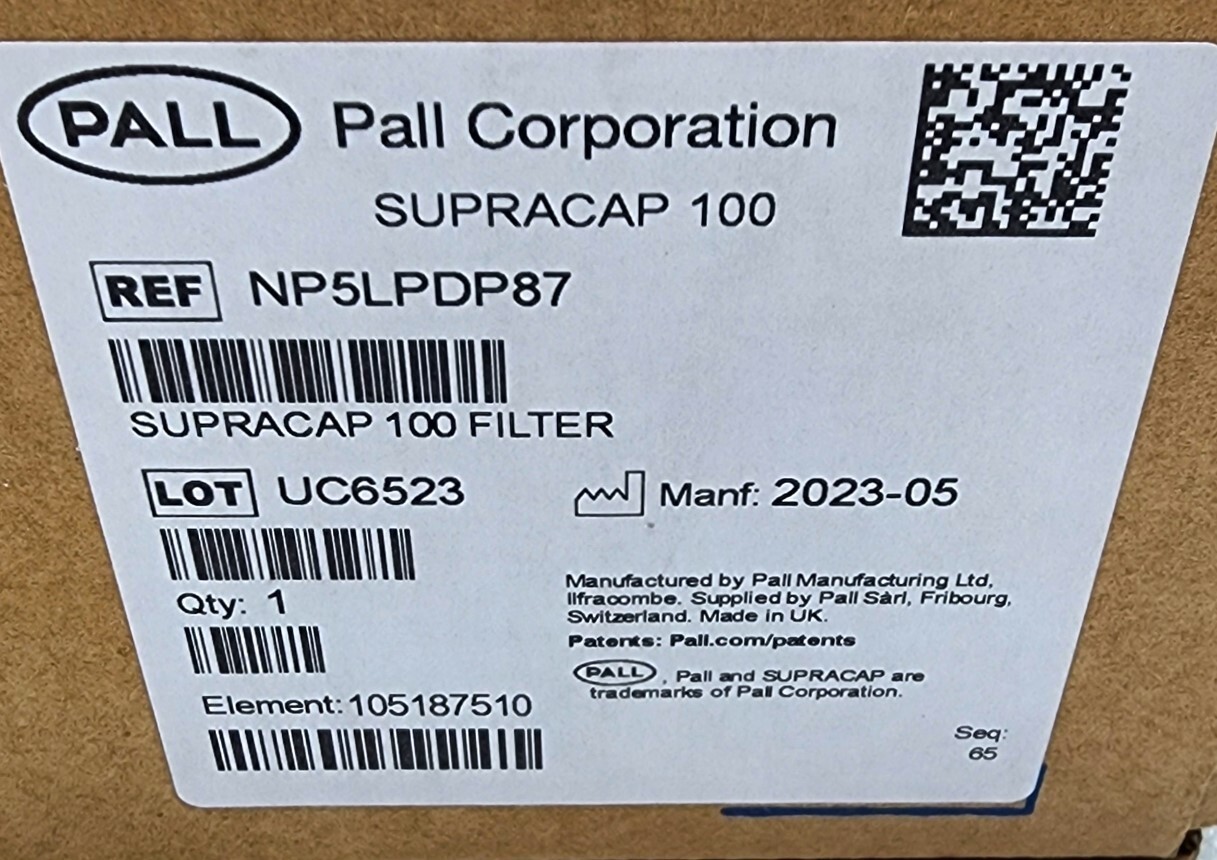 CYTIVA / PALL NP5LPDP87 Supracap 100 depth filter capsule, in-line style, 5 in