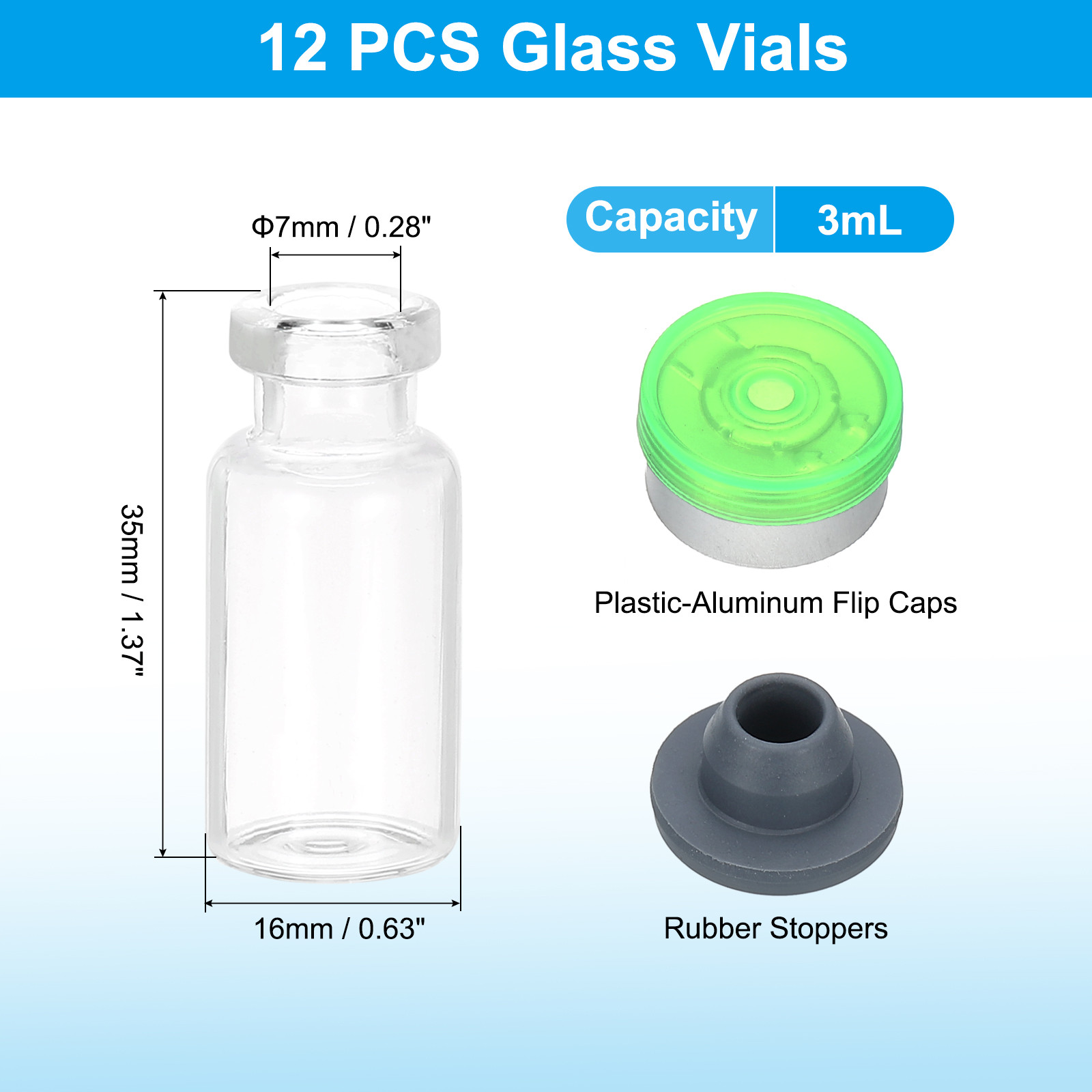 12pcs 3ml Small Clear Glass Vials with Green Silver Color