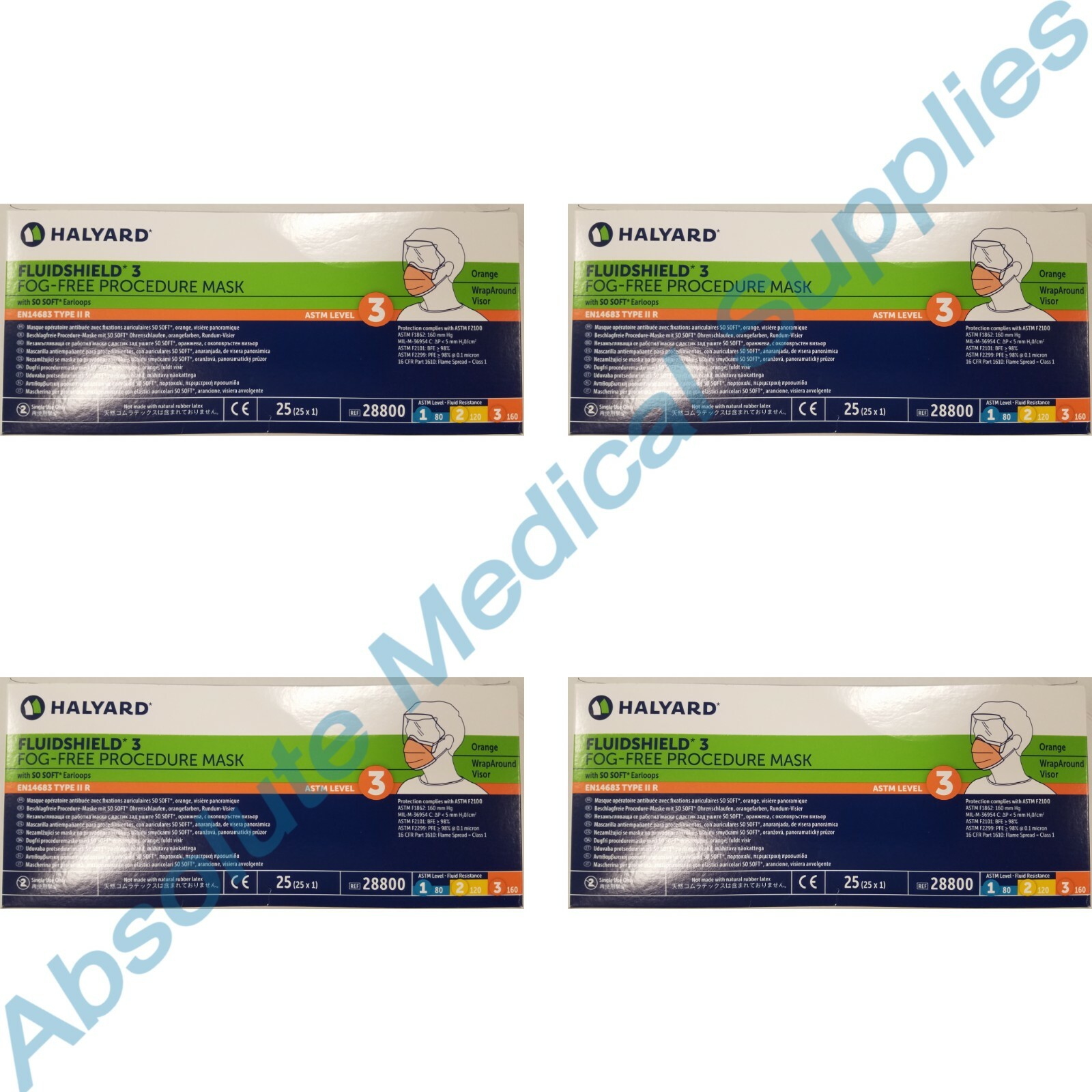 *100-Pieces* Halyard FluidShield ASTM Level 3 Fog-Free Procedure Face Mask 28800
