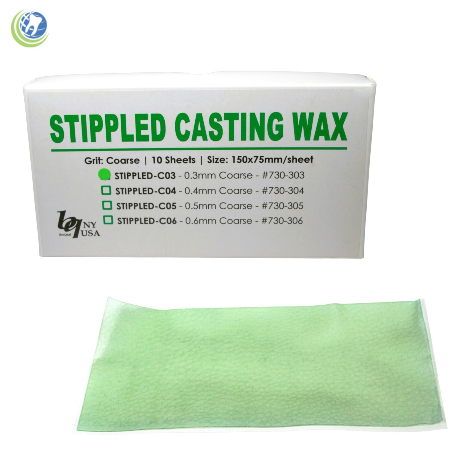 Dental Lab Stippled Casting Wax Pattern Green 0.3mm 3” x 6” — 10 Sheets