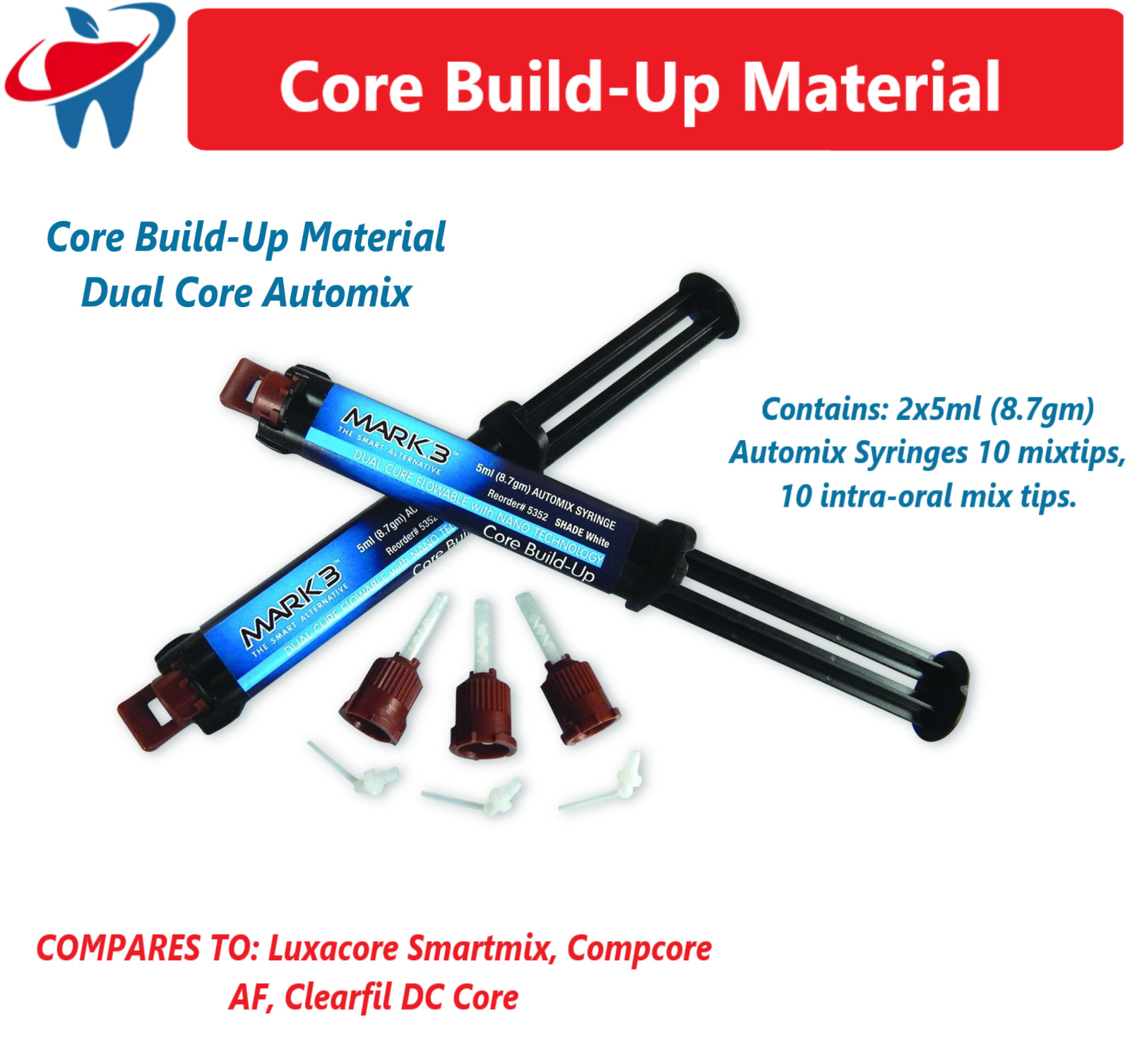 Dental Dual Cure Core Build Up Material, Automix Syringe, Blue, White, A3, USA