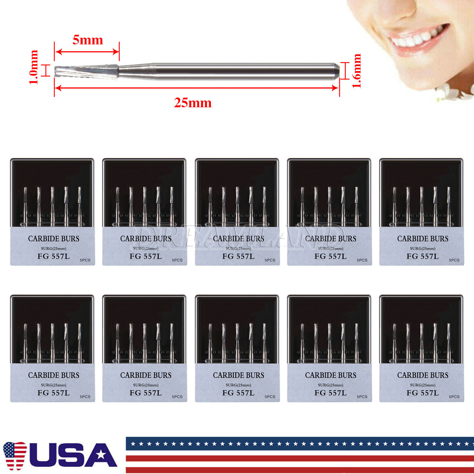 Dental Long Surgical Burs FG #557L 25mm Shank Tungsten Carbide Midwest FGOS