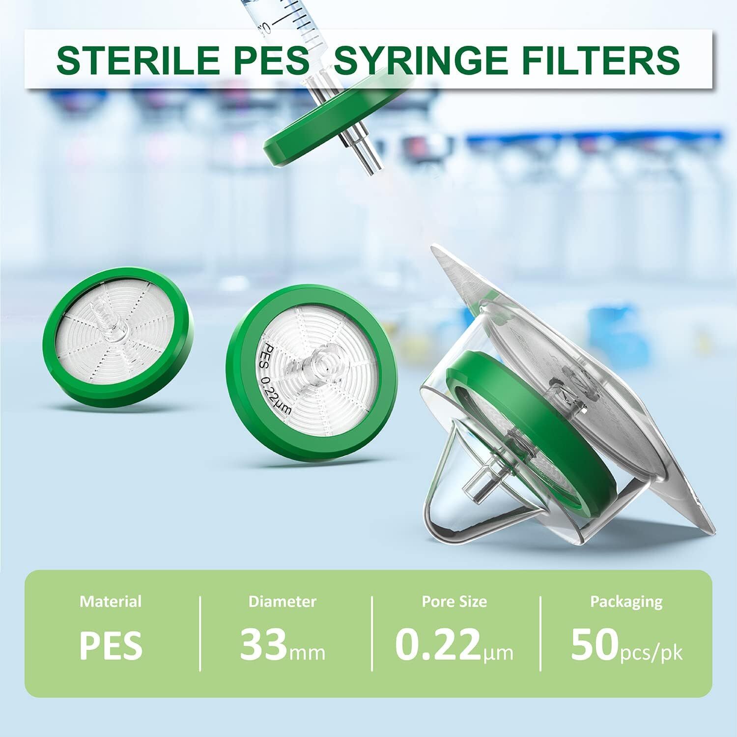 Set of 50 Sterile Syringe Filter PES Membrane Filtration 33mm 0.22μm Lab Filters