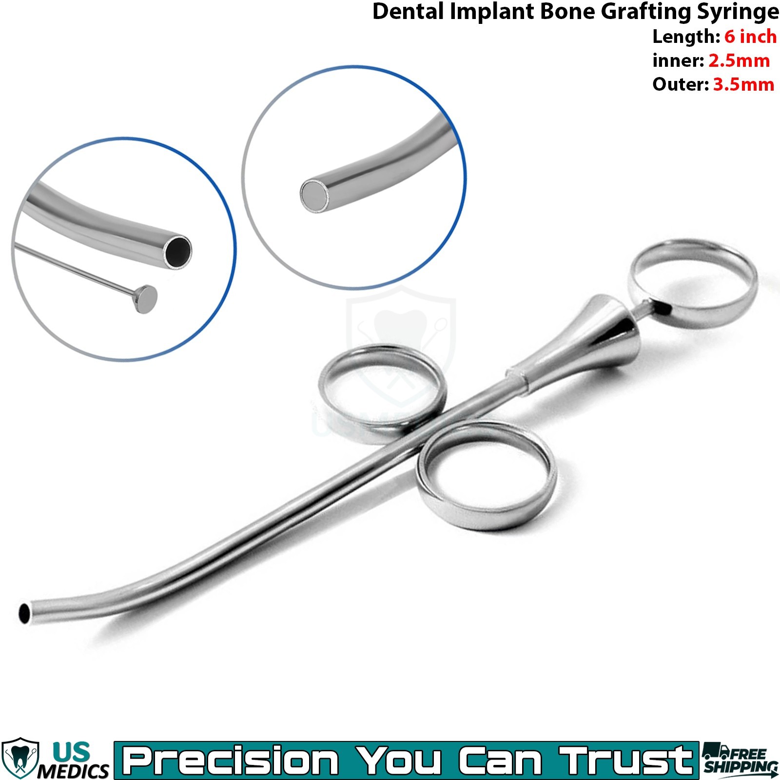 Dental Implant Bone Graft Syringe inner 2.5mm Outer 3.5mm 6 Inch Surgical Tool