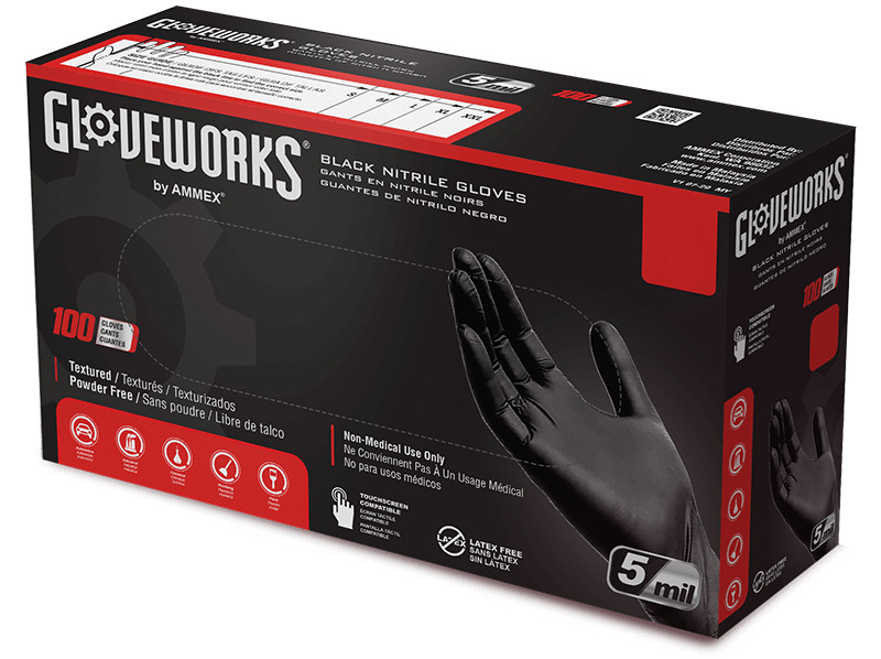 GLOVEWORKS by AMMEX 5 Mil Black Nitrile Gloves Size Small