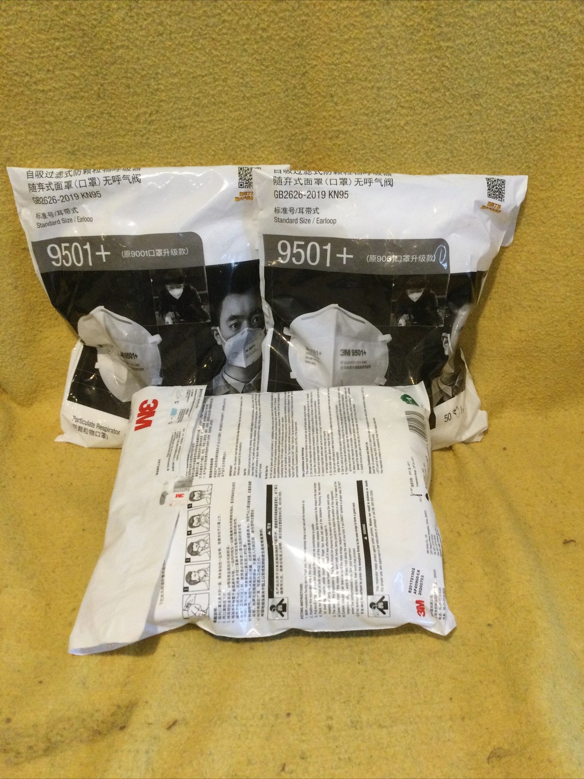 Lot of Genuine 3M 9501+ KN95 Particulate Respirator Masks 3 Packs of 50 Masks.