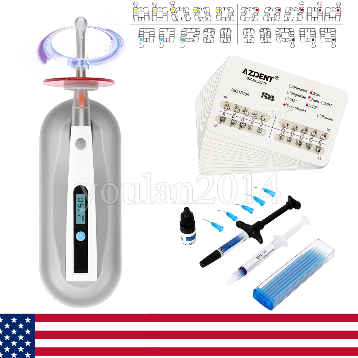 200Pcs Dental Orthodontic Brackets Braces Mini Roth.022/Light Cure Adhesive Kit