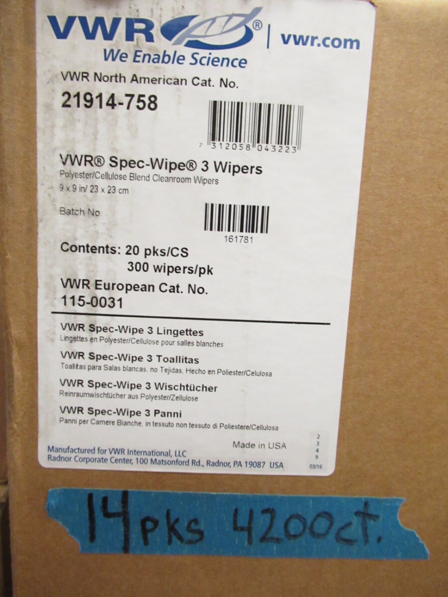 Lot (4200) VWR 21914-758 Spec-Wipe 3 Wipers Sterile Wiper 22.9 x 22.9cm 9 x 9″