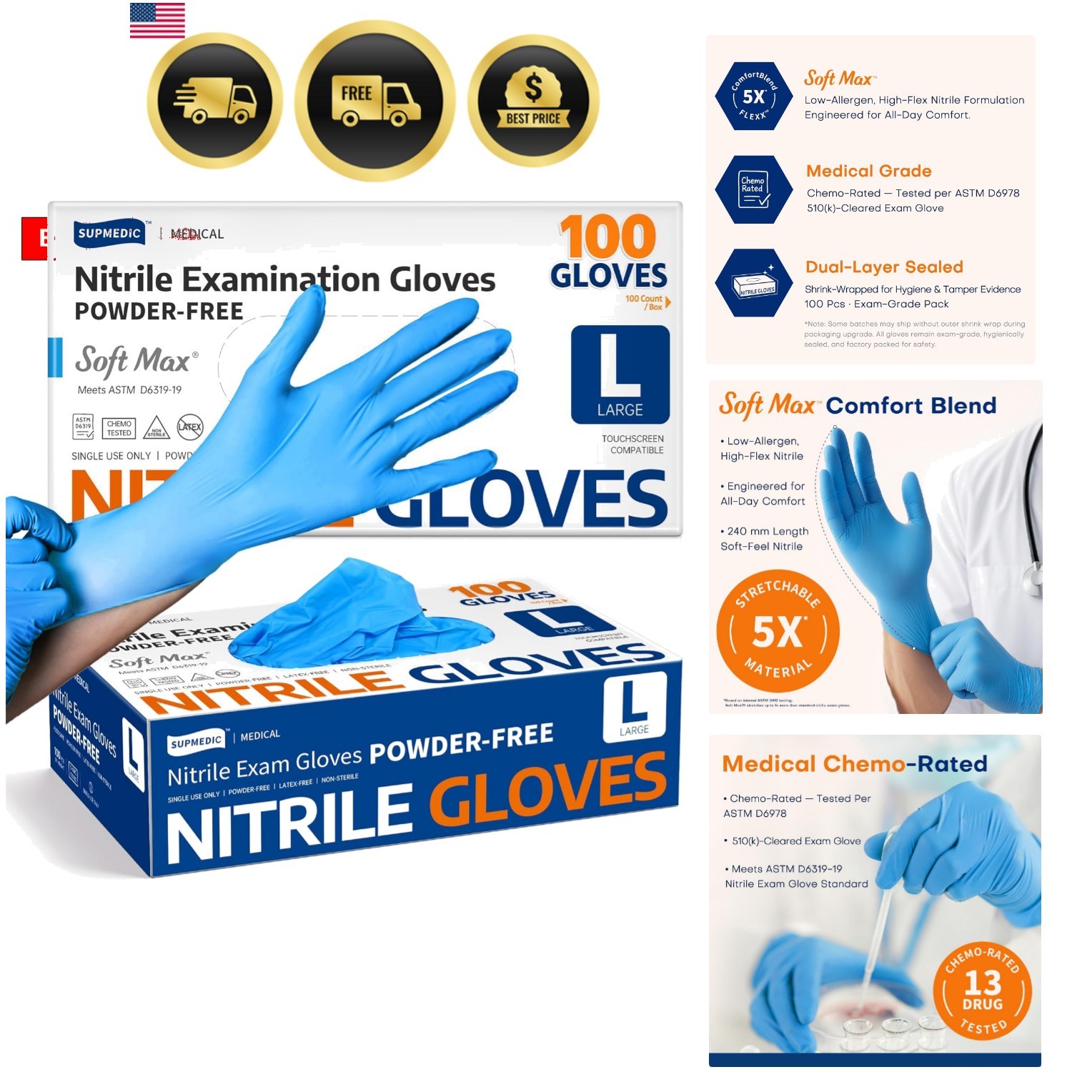 Medical Soft Max Nitrile Exam Gloves, 100 Count Latex-Free Powder-Free Non-St…