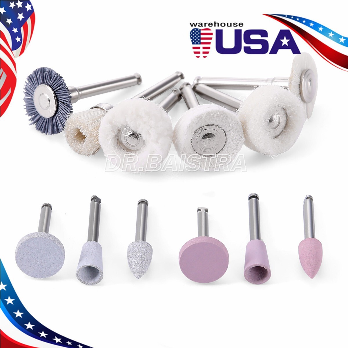 12Pcs/Box Dental Composite Polishing Bur Kit Silicone/Goat hair/Leather/Cotton