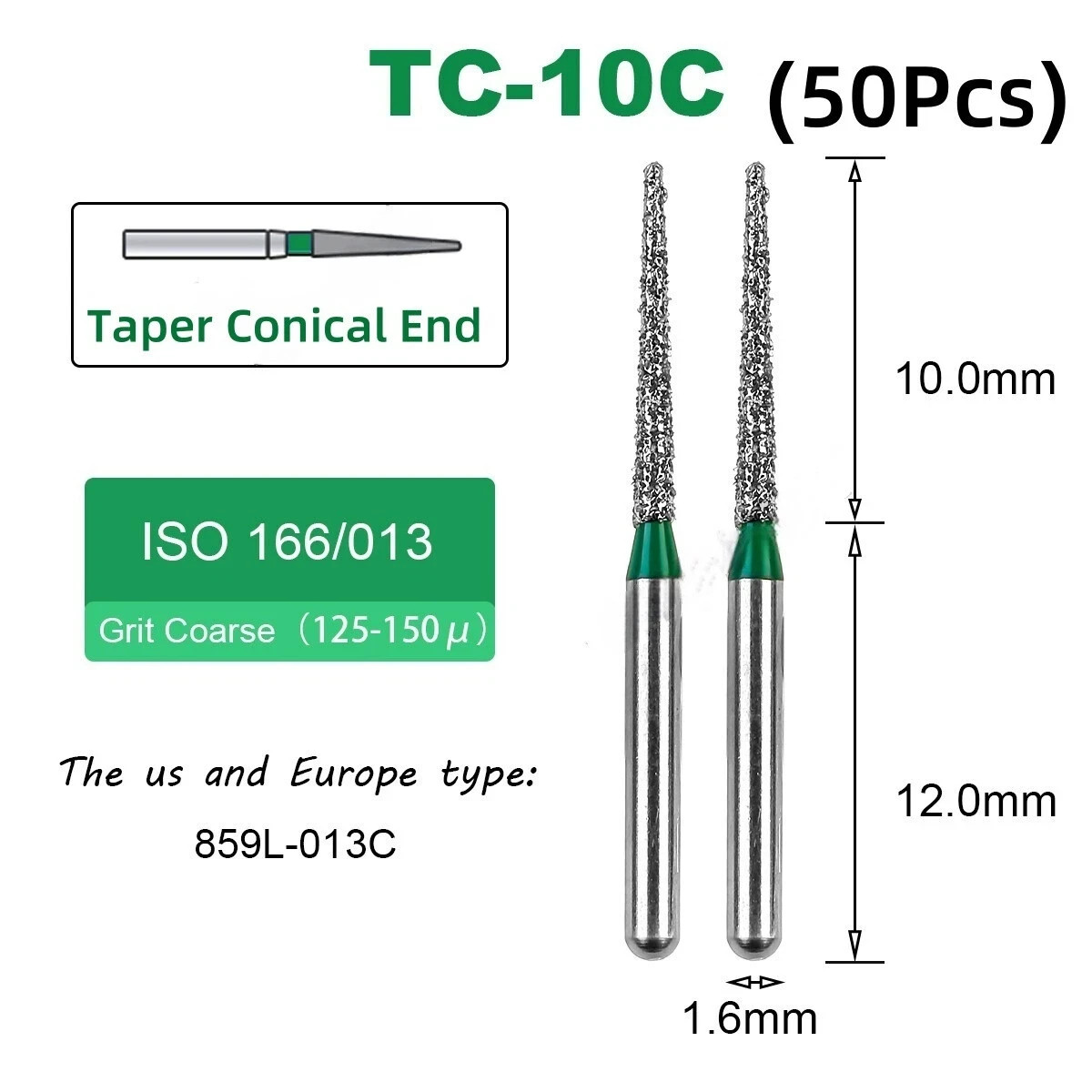 10 Pcs/Box Dental High Speed Dentistry Drills Green Coarse Grit Diamond Burs