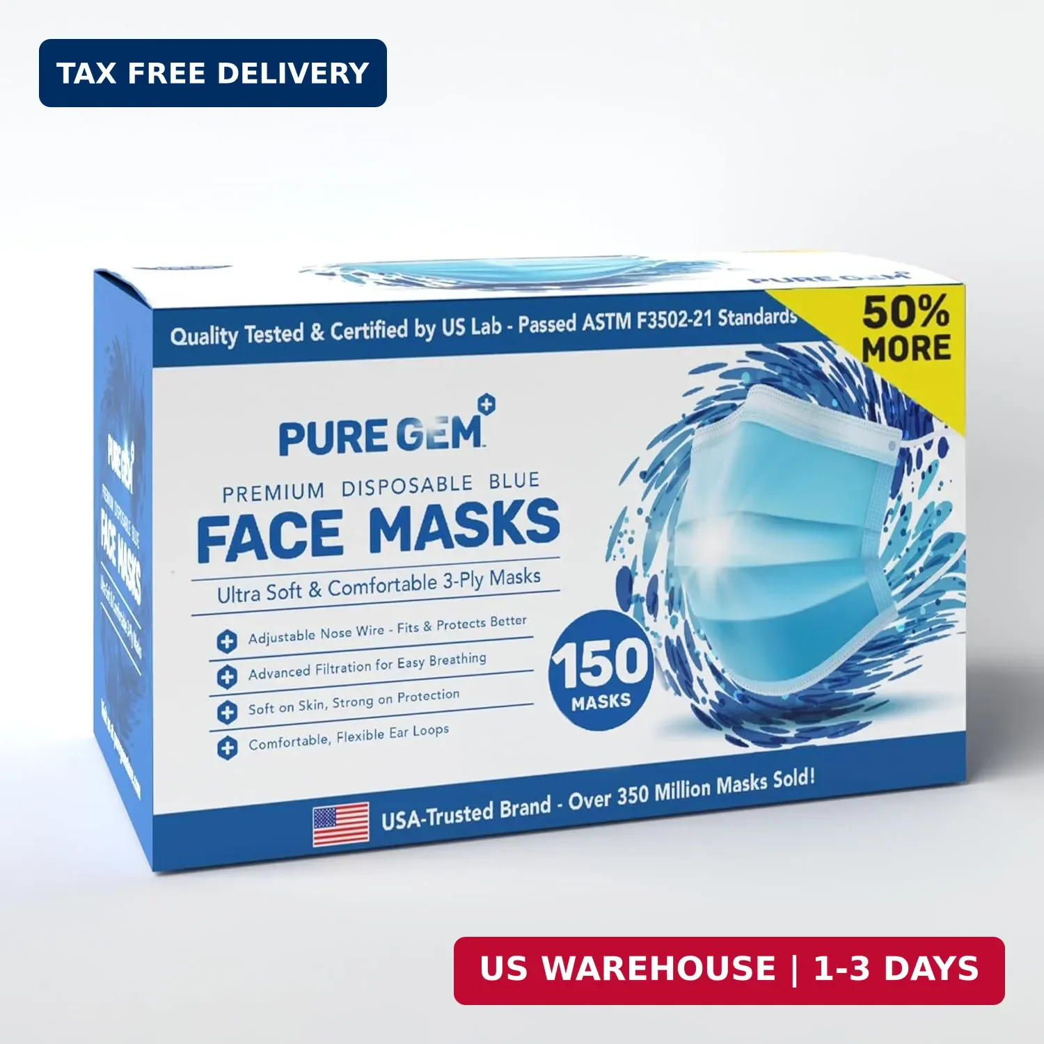 PURE GEM [Pack of 150] Single Use Disposable Blue Face Mask, Soft on Skin, 3-ply
