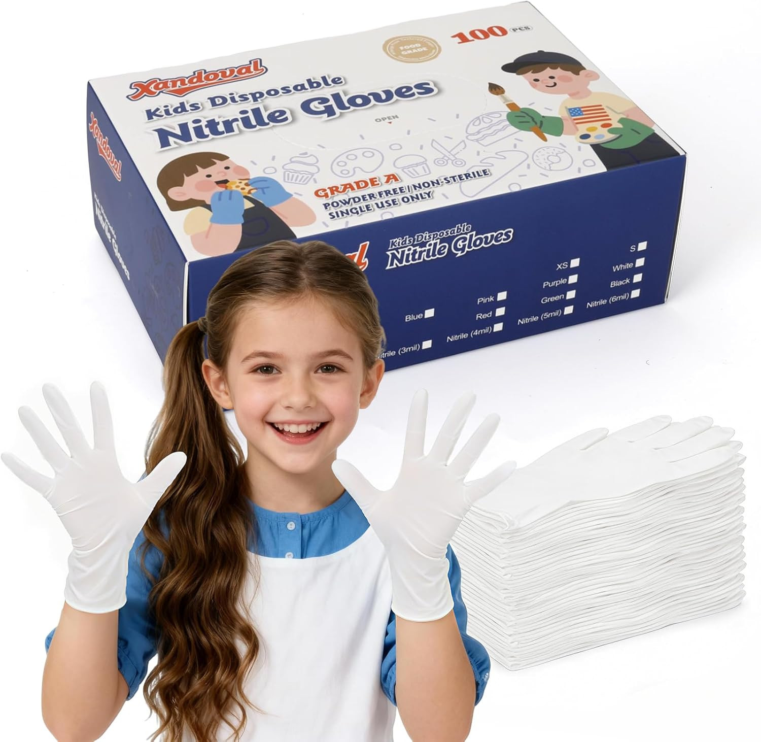 Kids Disposable Gloves for 4-8 Years, 5Mil White Nitrile Gloves for Work, Cleani
