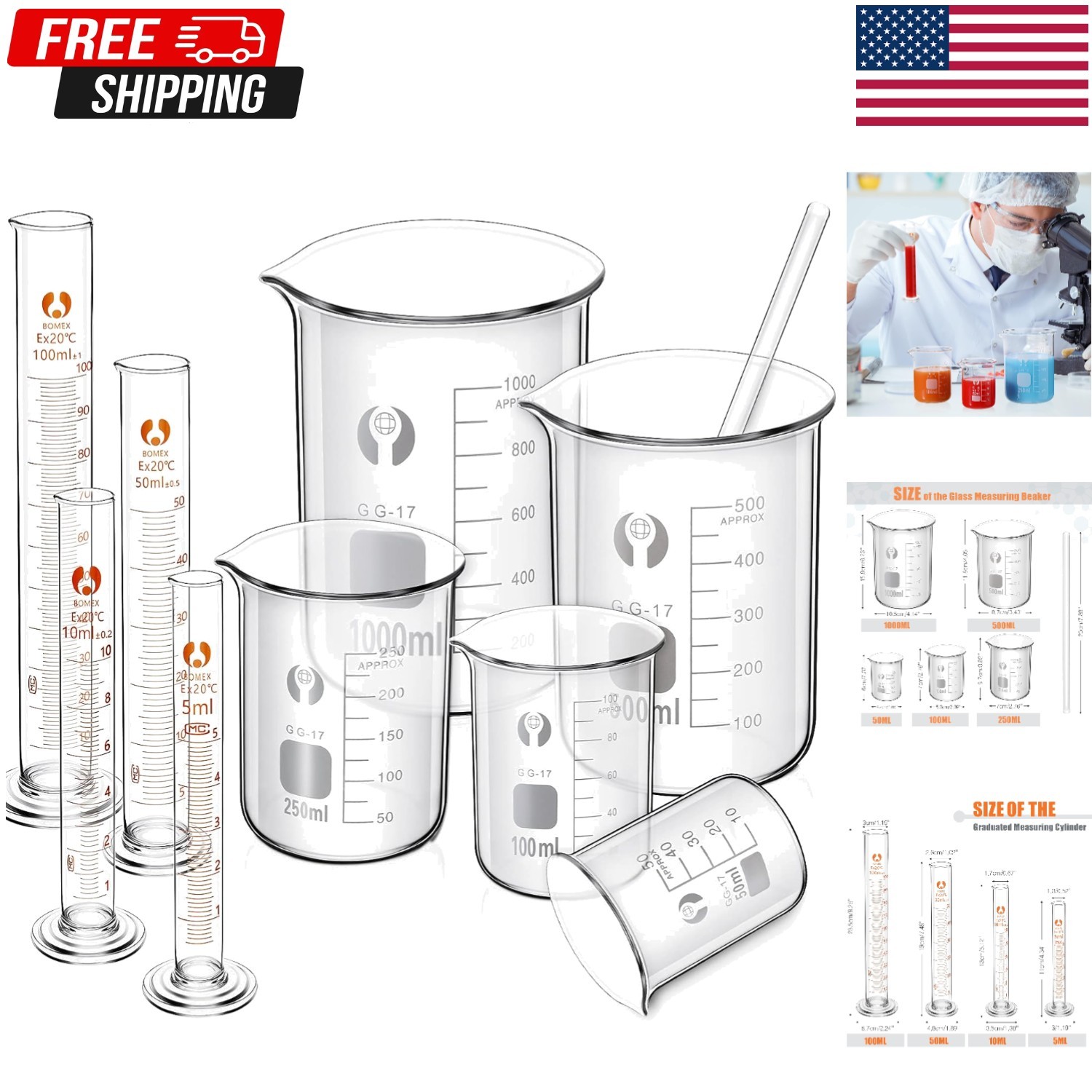 10 Pack Glass Lab Beaker Set Measuring Cup 50/100/250/500/1000, 5/10/ 50/100 …