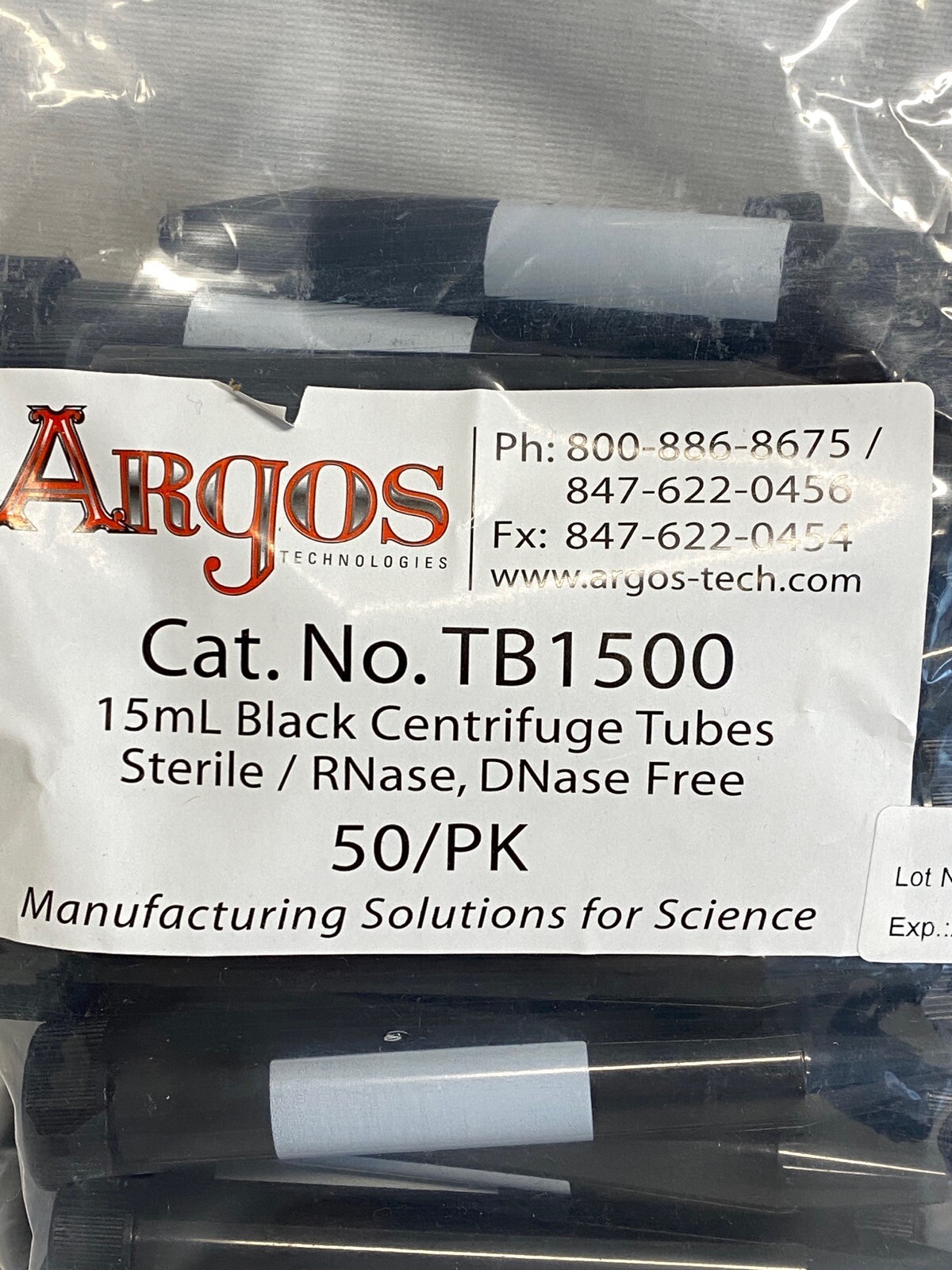 (100) ARGOS 15mL Black Centrifuge Tubes w/Screw Caps Marking Spot TB1500