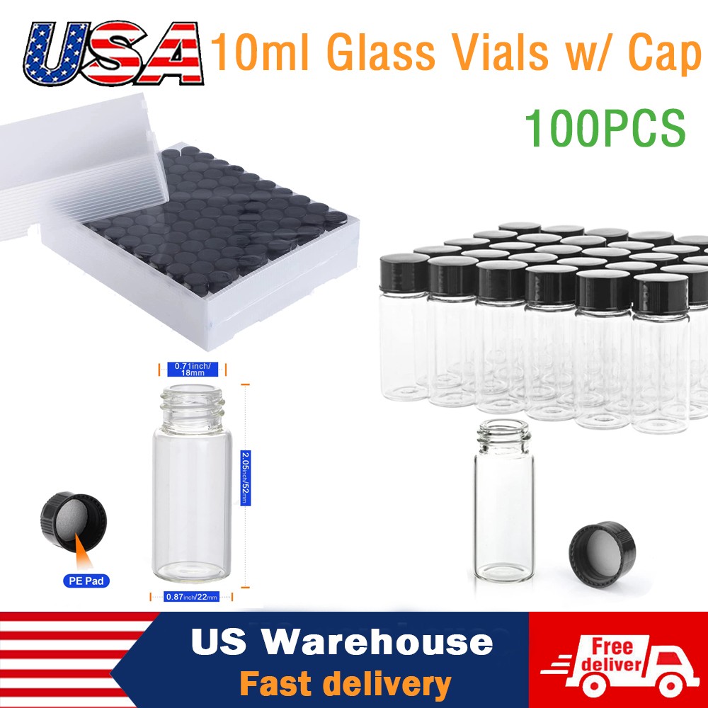 100PCS 10ml Glass Vials w/ Cap Sample Vials Small Bottle for Lab/Travel Storage