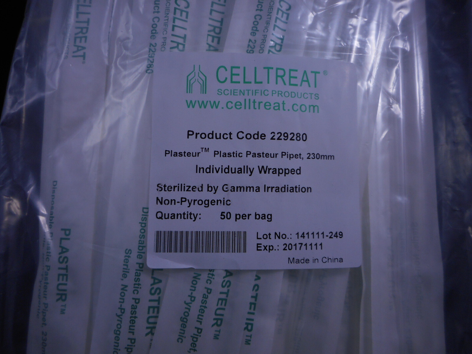 CELLTREAT 230mm Pasteur Pipet Serialized Non-Pyrogenic 229280 200/Pack