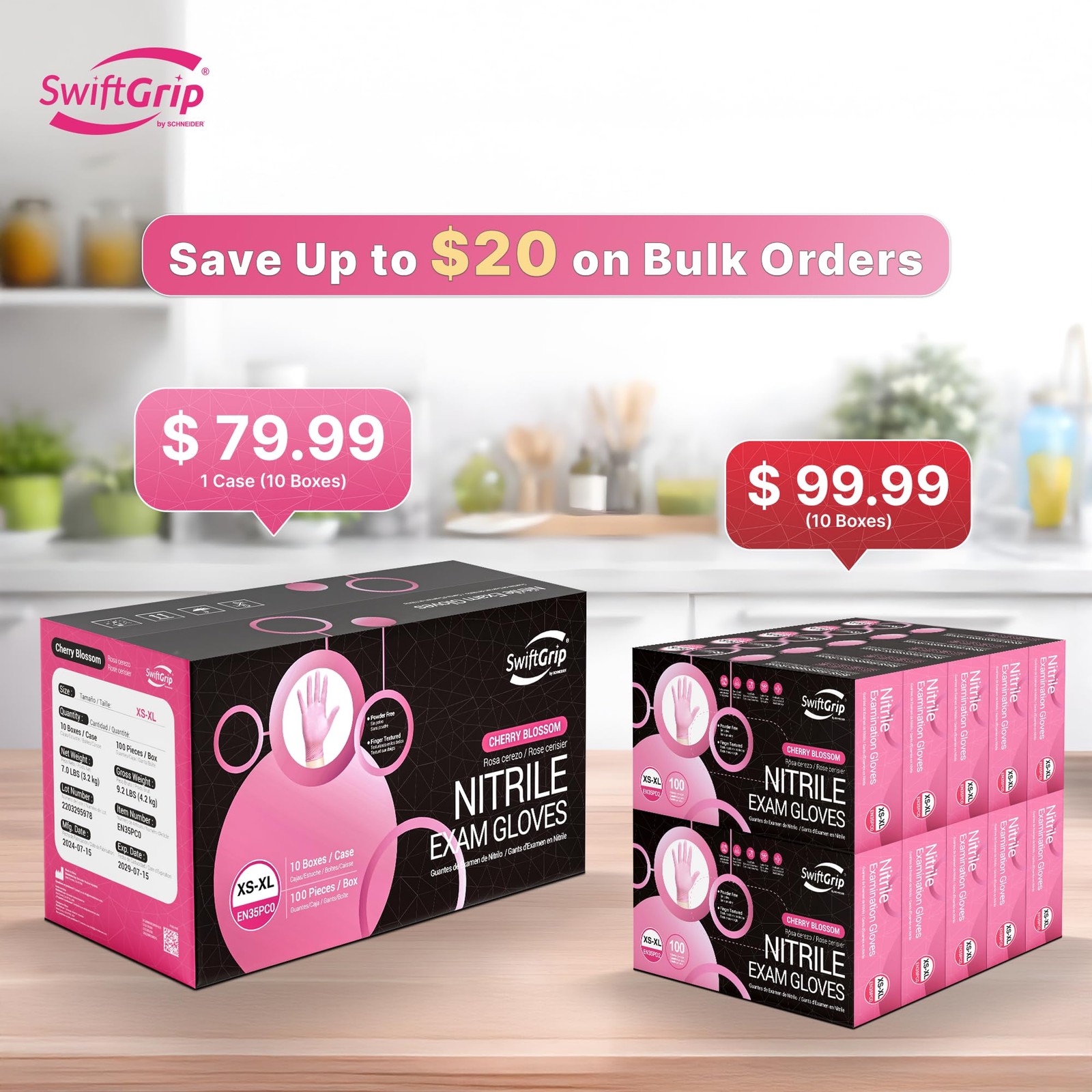 SwiftGrip Pink Nitrile Disposable Gloves, Powder~Free, Large, 1000~ct