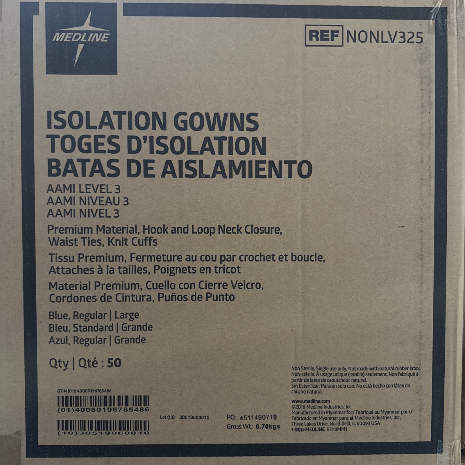 Medline Isolation Gown Box Of 50 Size Large Ref NONLV325