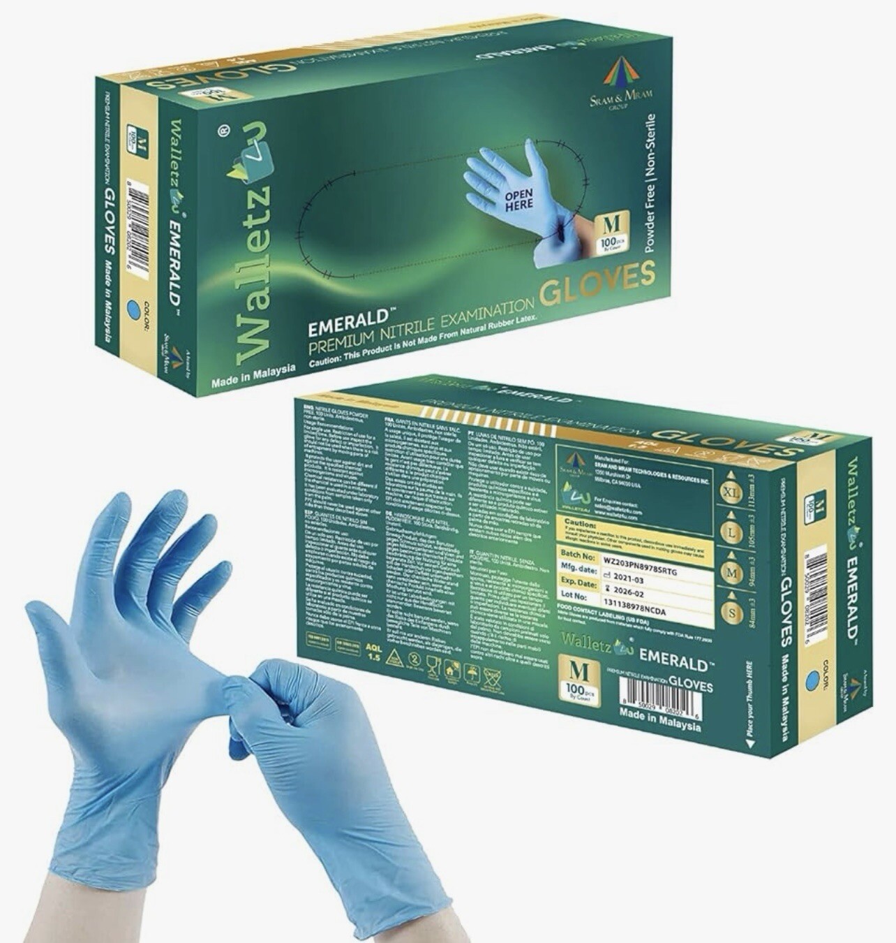 3 Boxes Of Emerald Nitrile Gloves 100 Count Each Pcs Blue Color Latex Free