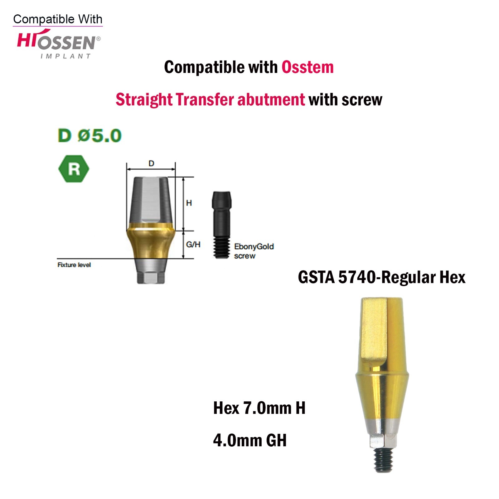US Regular Straight Transfer Abutment Ø5.0 For Osstem Hiossen Hex 7.0mm Implants