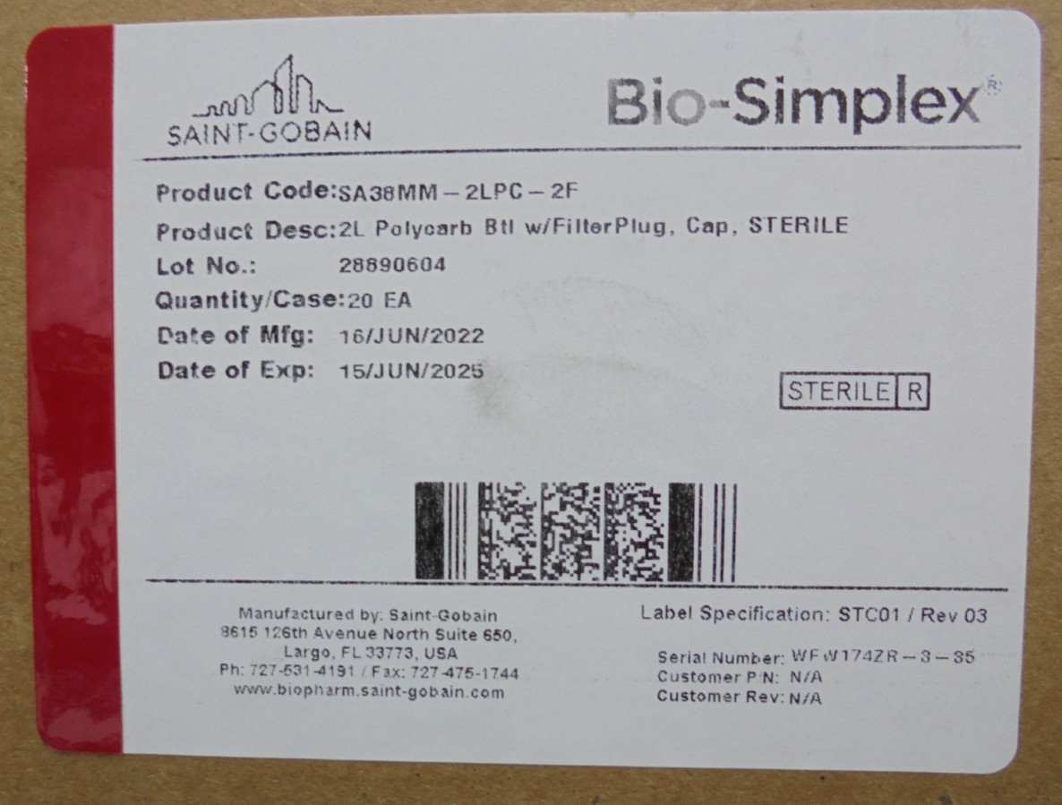 Saint Gobain SA38MM-2LPC-2F Bio-Simplex 2L PolycarB Btl w/Filter Plug Cap