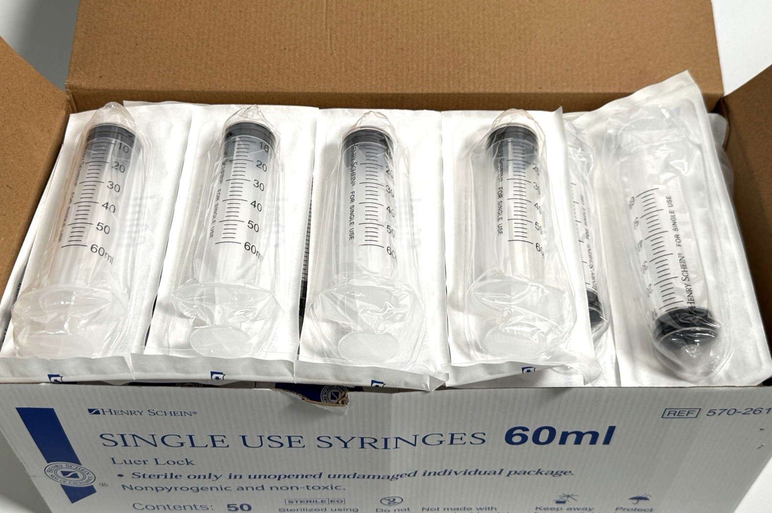 Box of 50, Henry Schein 570-2619 Luer Lock Sterile EO Syringes, 60ml (No Needle)
