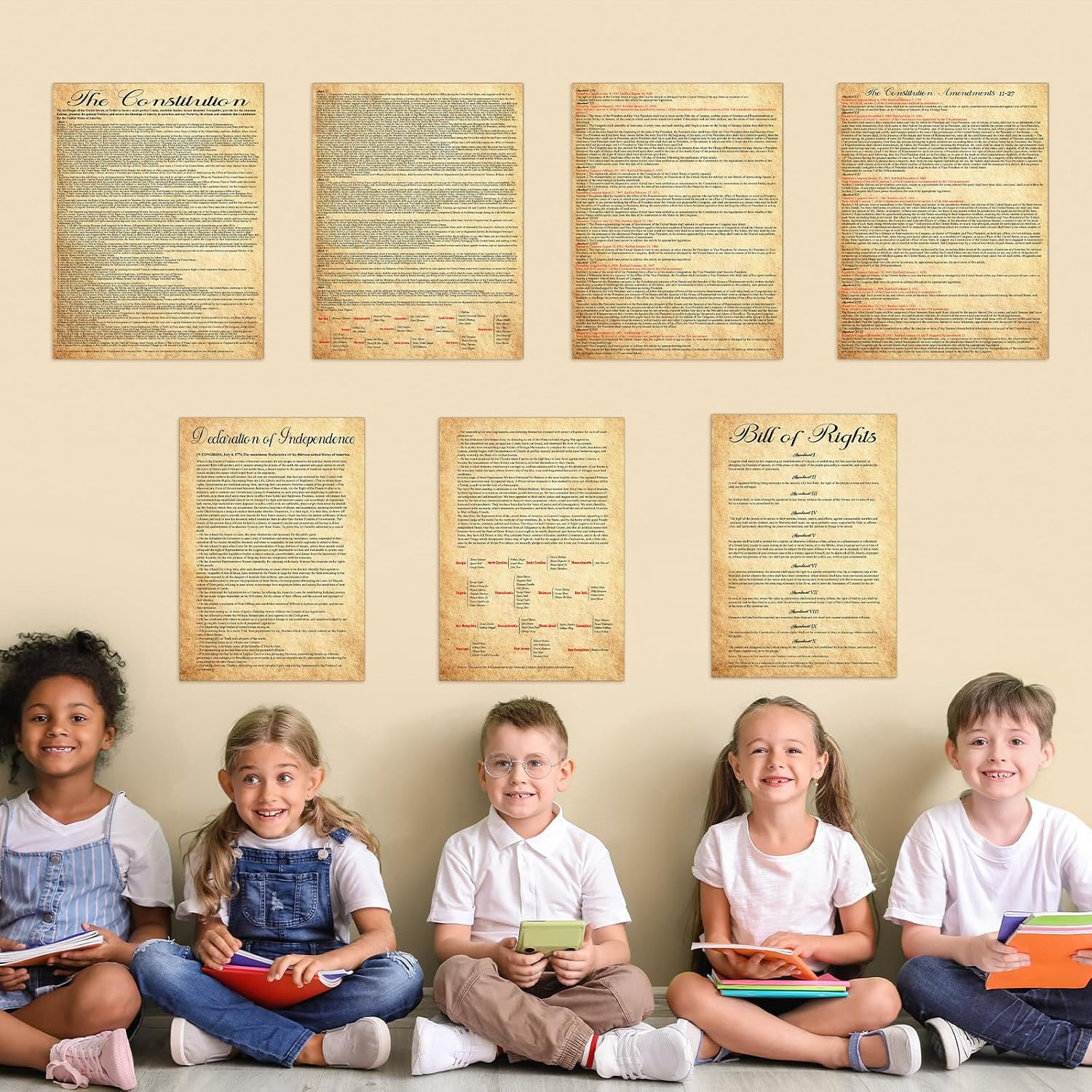 7Pcs American Founding Documents Poster US Constitution with All Amendments